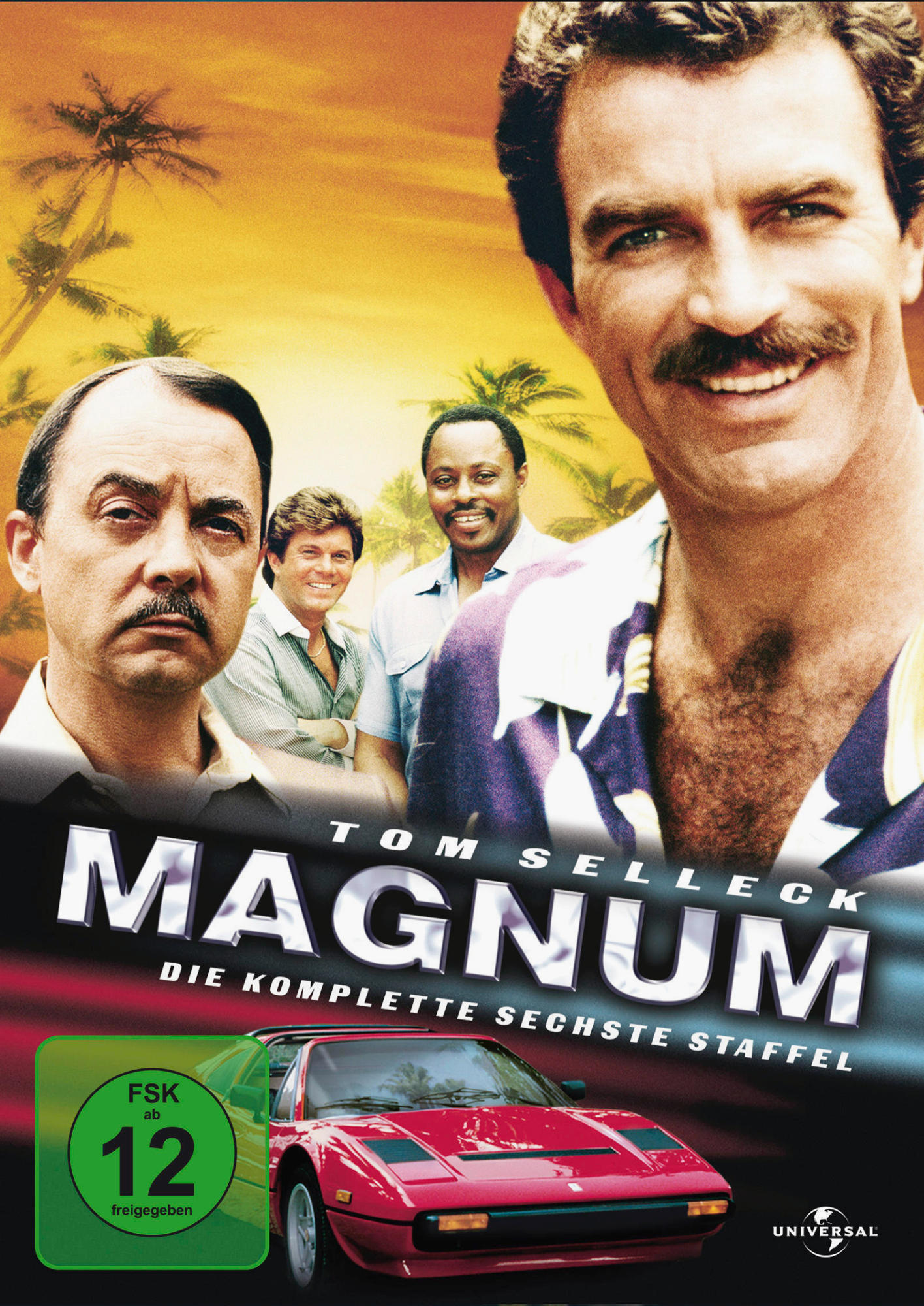 DVD-Cover mit Tom Selleck und anderen Schauspielern, einem roten Auto und Palmen.