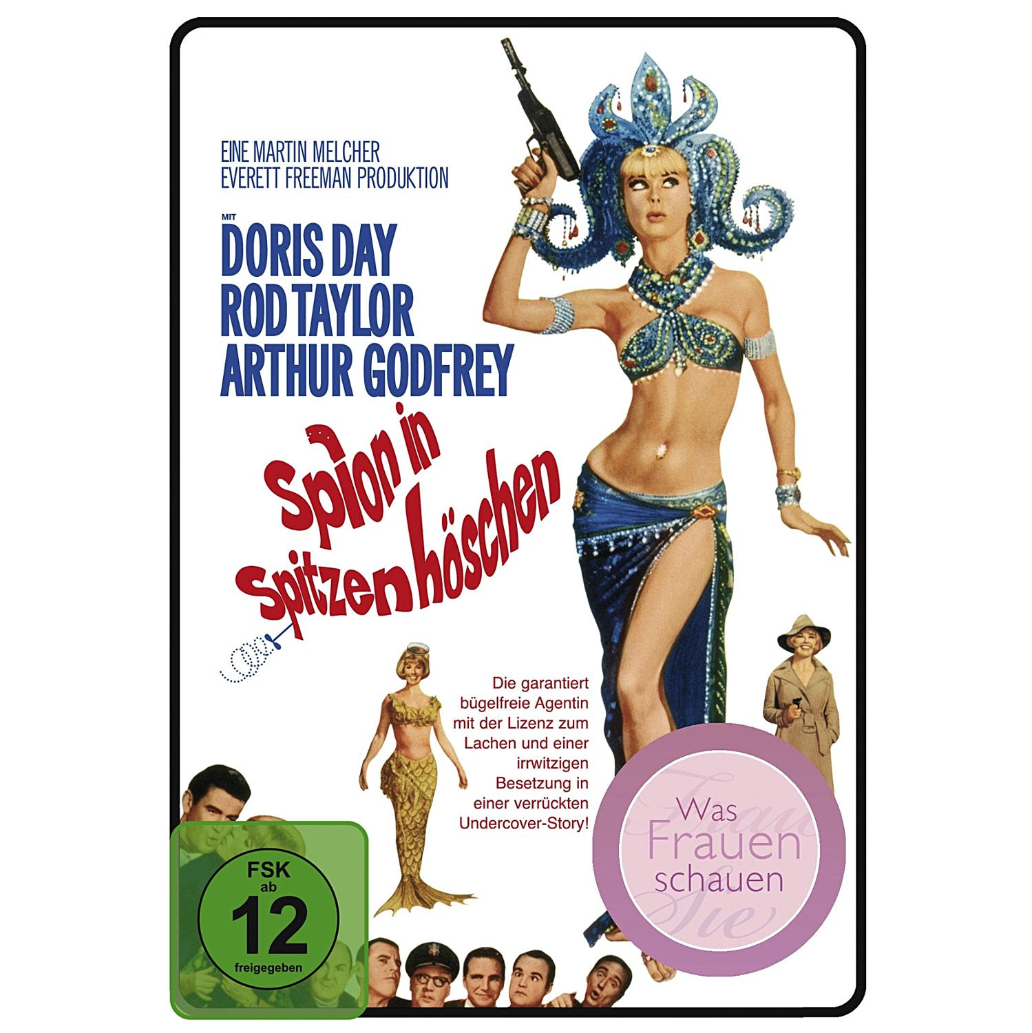 Filmposter: Doris Day und Rod Taylor, eine Frau hält eine Pistole. Titel 'Spion in Spitzenhöschen'.