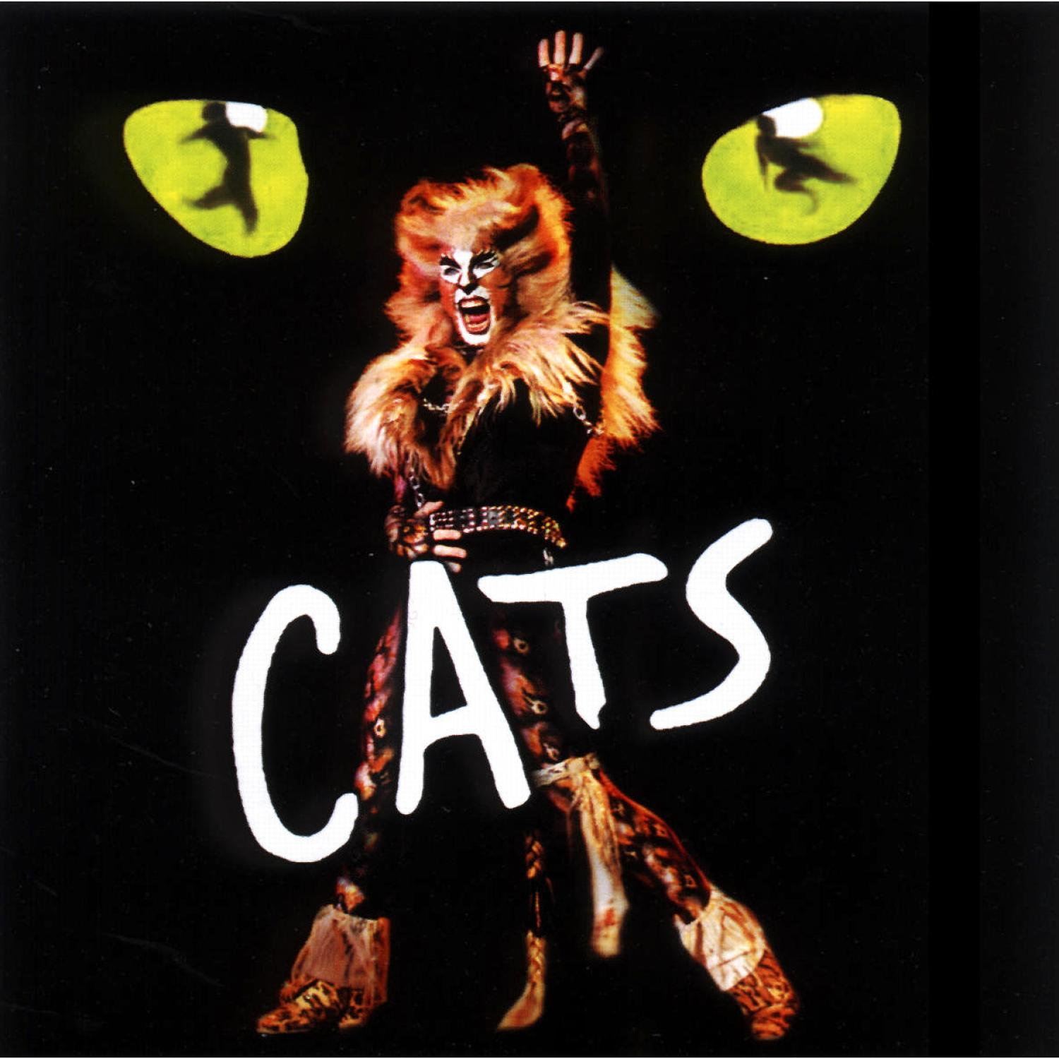 Cats Musical-Poster mit Kostümträger. Das Wort 'CATS' ist prominent.