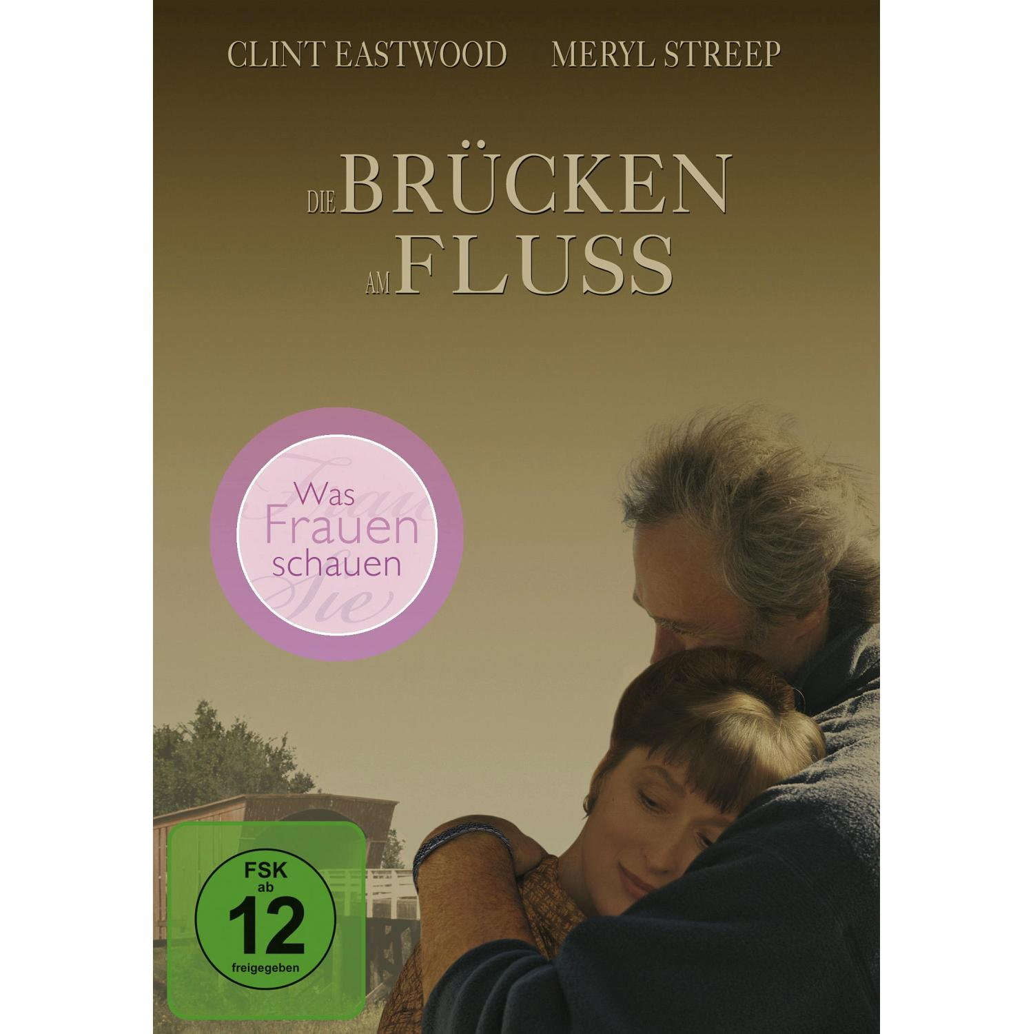 Die Brücken am Fluss DVD-Cover. Zwei Personen umarmen sich, Text auf Deutsch, eine Brücke im Hintergrund.