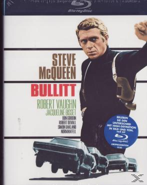 Blu-ray-Cover für Bullitt. Steve McQueen ist auf dem Cover, mit Autos im Hintergrund.