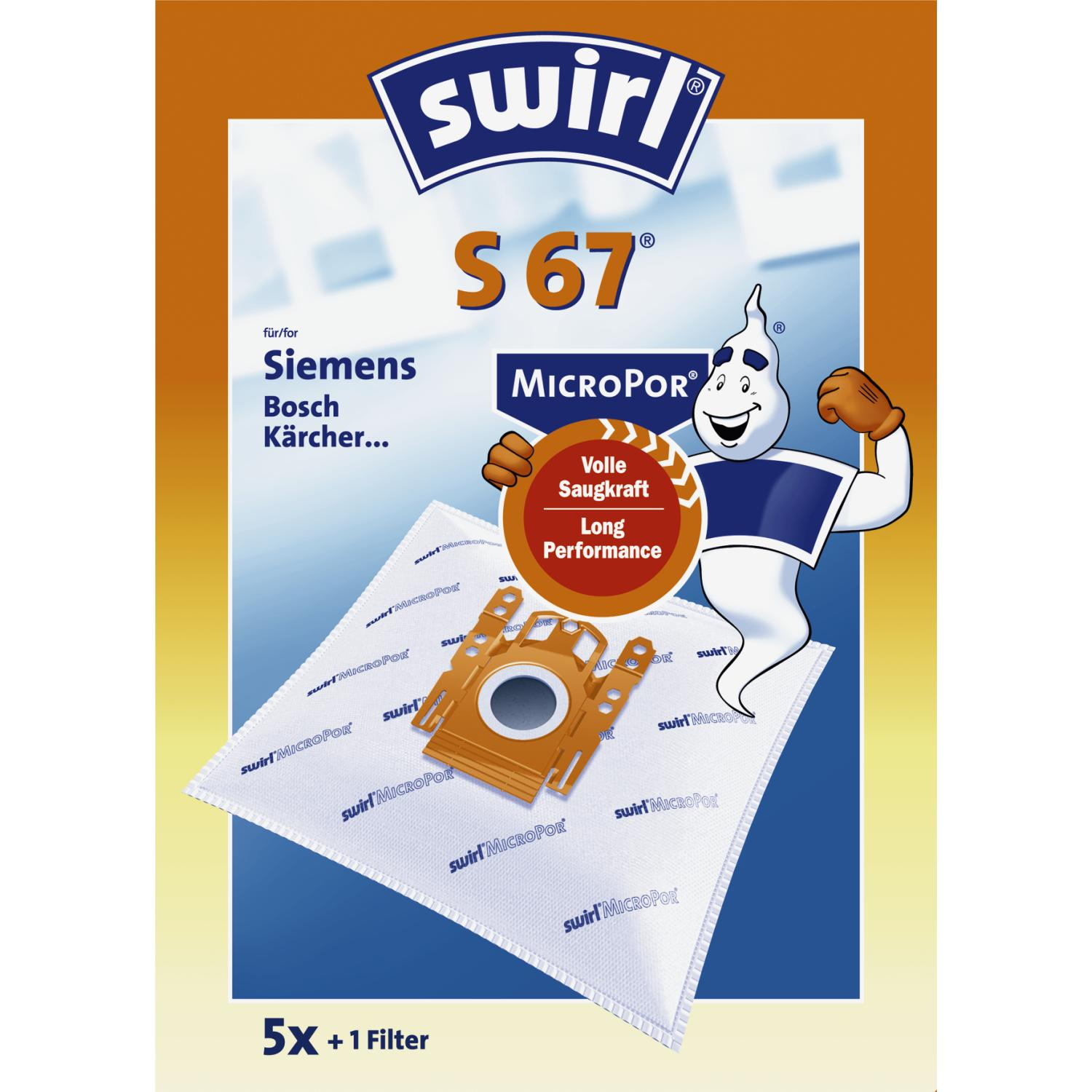 Eine Swirl Staubsaugerbeutelverpackung mit einem weißen Geist und Text.