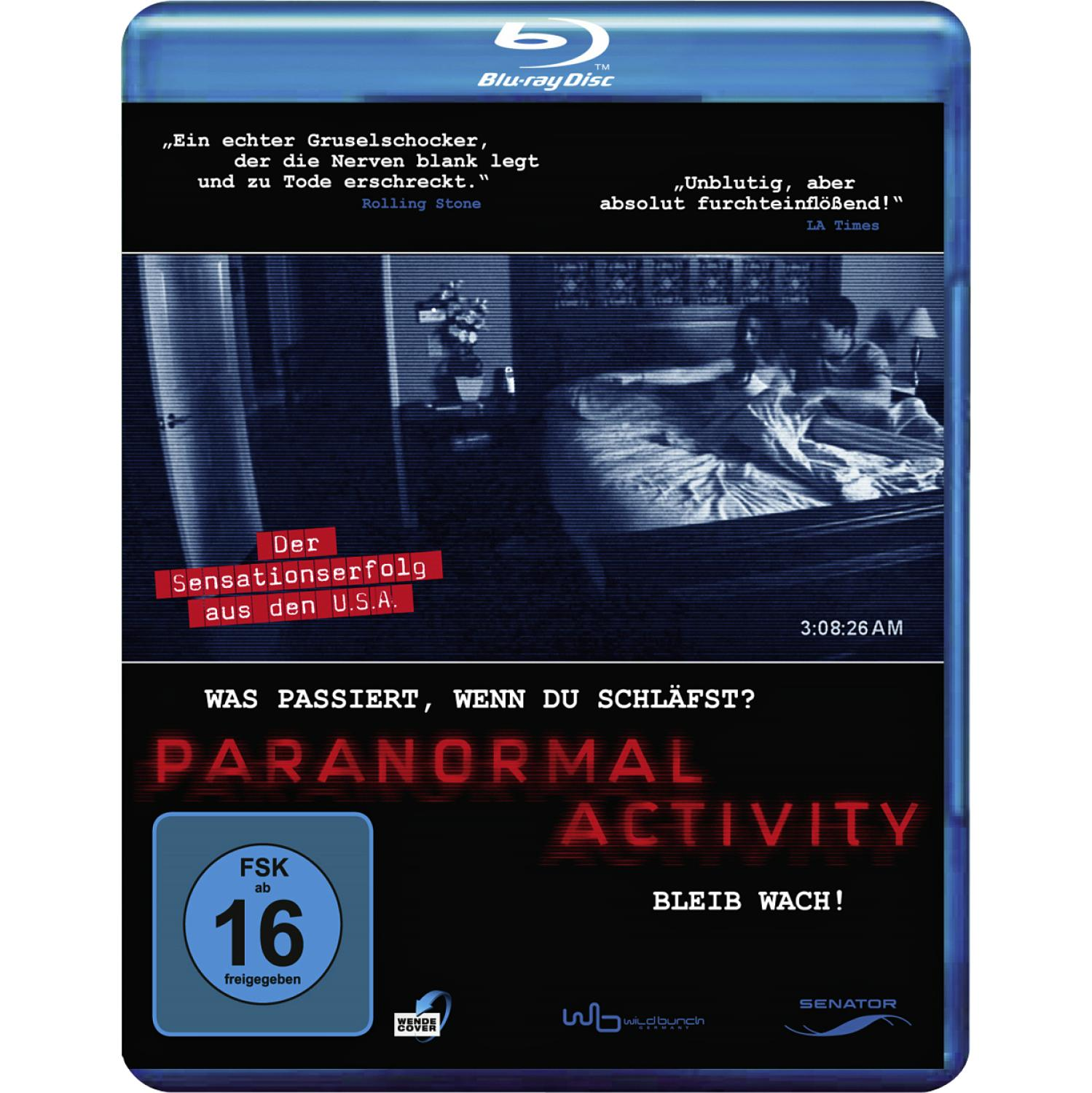 Blu-ray-Cover mit einer Horrorszene. Text in Weiß und Rot lautet 'Paranormal Activity'.
