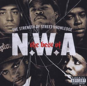 Albumcover mit N.W.A-Mitgliedern mit Rissglas-Effekt. Text: 'The best of N.W.A'.