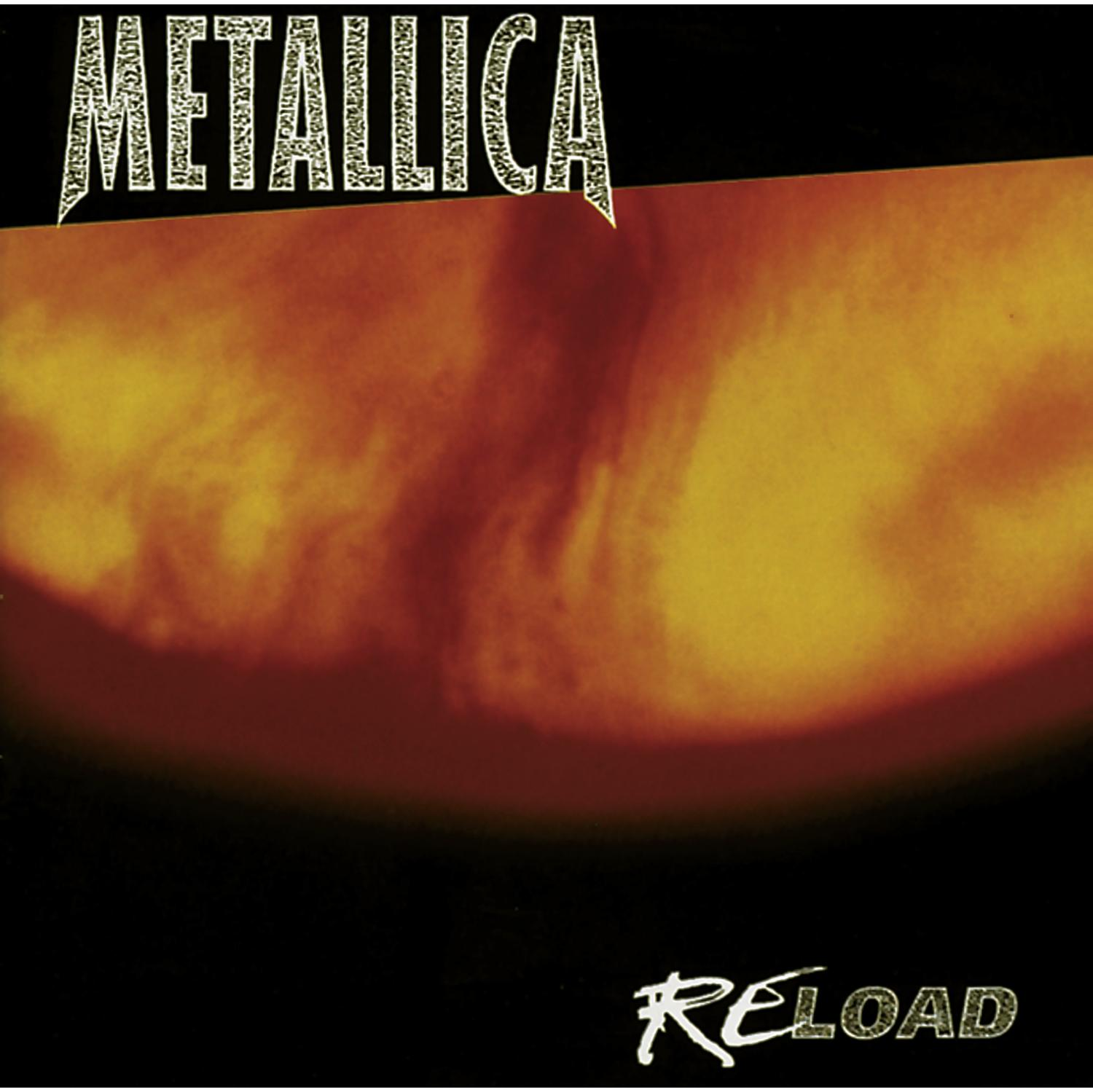 Metallica Albumcover. Oranger und schwarzer Hintergrund, mit dem Wort RELOAD.