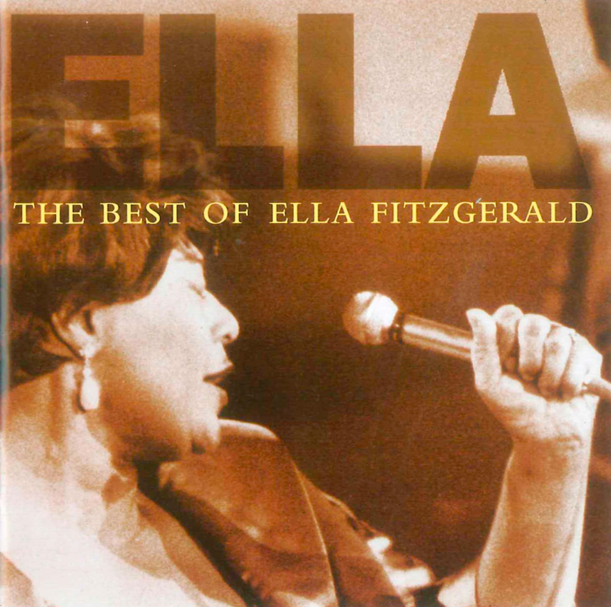 Ella Fitzgerald singt in ein Mikrofon, mit Sepia-Ton und goldenem Hintergrund.