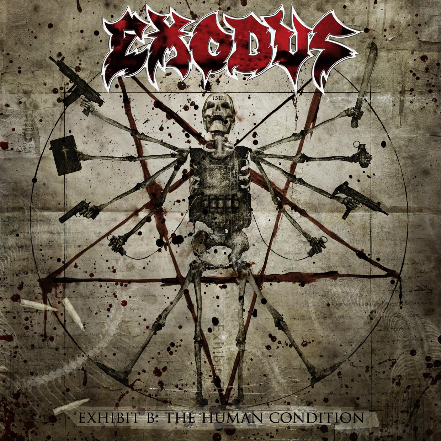 Exodus-Albumcover. Skelett mit Waffen auf dunklem Hintergrund mit Text.