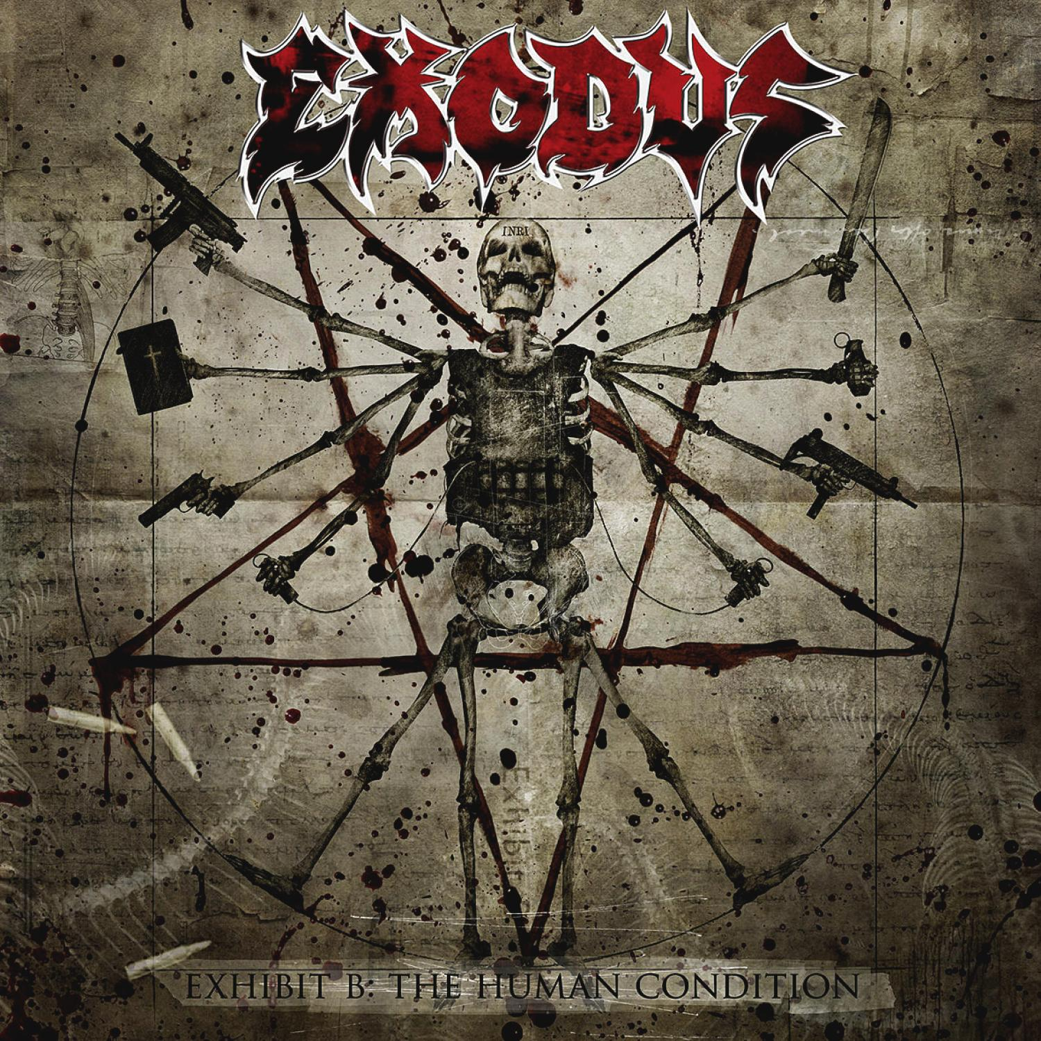 Exodus-Albumcover: Ein Skelett mit Waffen, ein Pentagramm und Blutspritzer auf Grunge-Hintergrund.