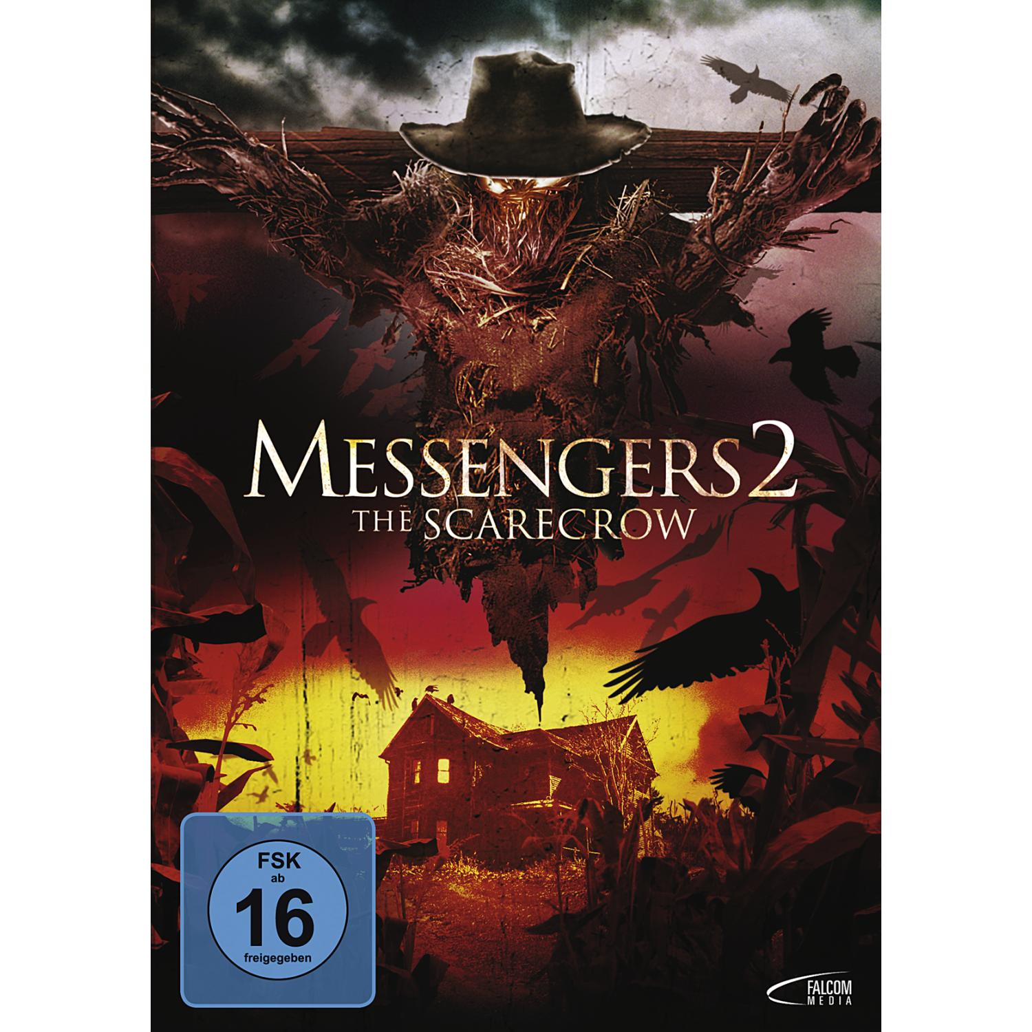 Messengers 2: The Scarecrow DVD-Cover, zeigt eine Vogelscheuche mit einem Kreuz und ein brennendes Haus im Hintergrund.