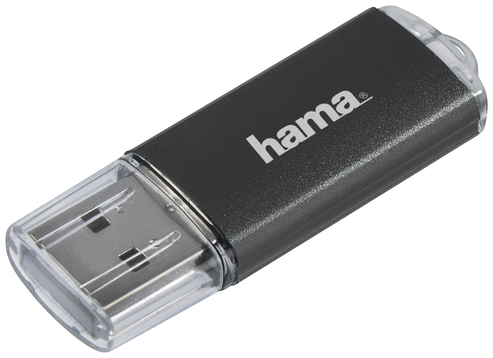 Une clé USB noire et transparente. La marque 'hama' est visible. La clé est sur fond blanc.