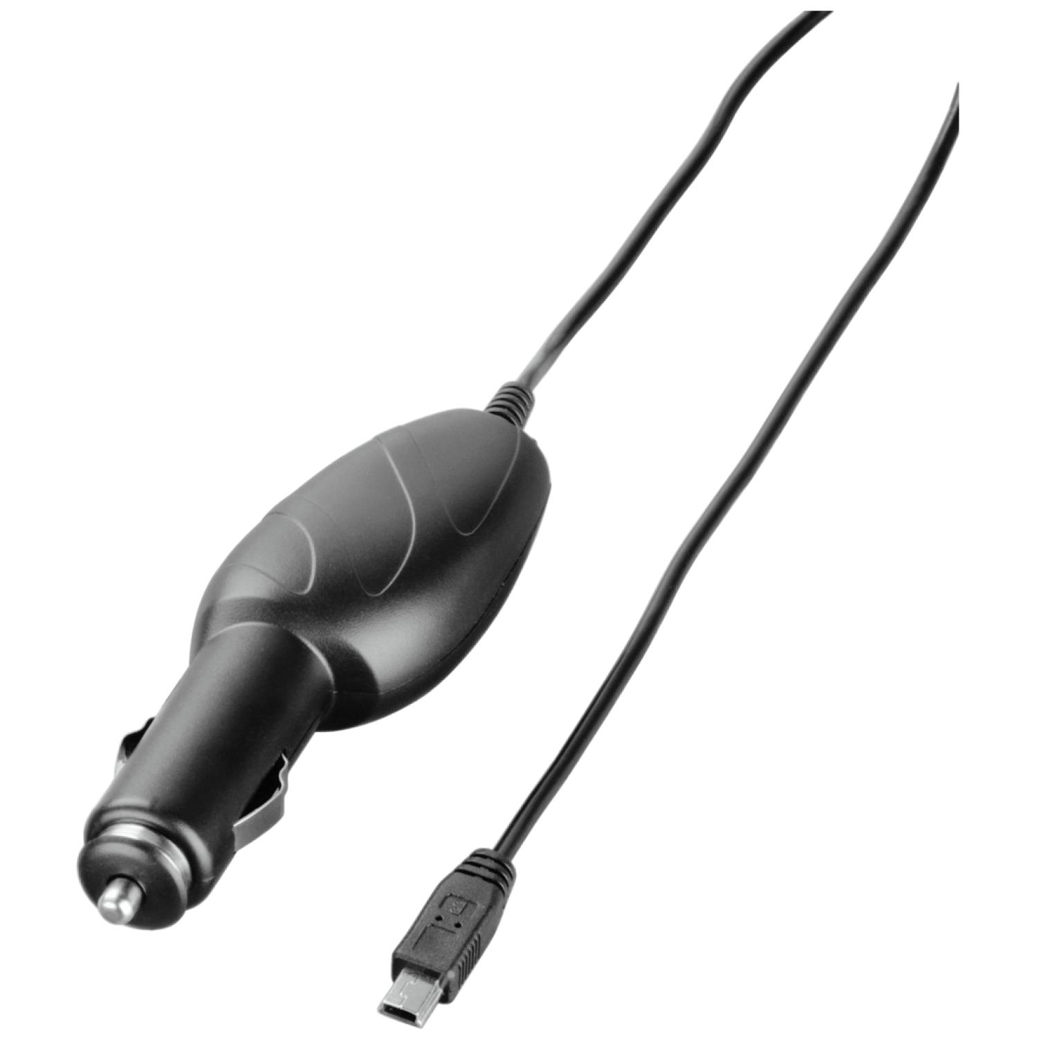 Chargeur de voiture noir avec connecteur USB. Le chargeur est de forme ovale et possède un câble noir.