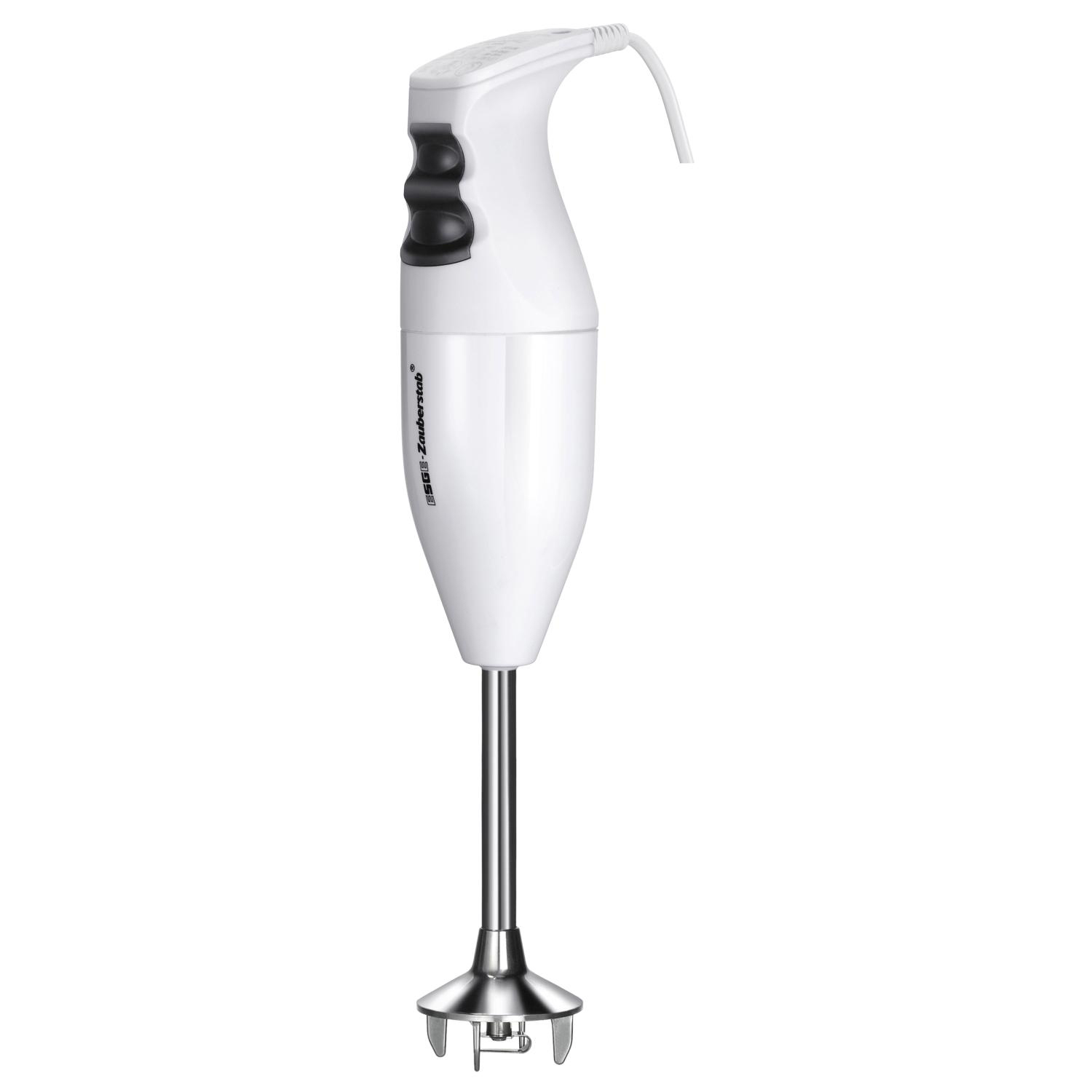 Weißer Stabmixer mit schwarzen Knöpfen und einem Edelstahl-Mixkopf, vor weißem Hintergrund.