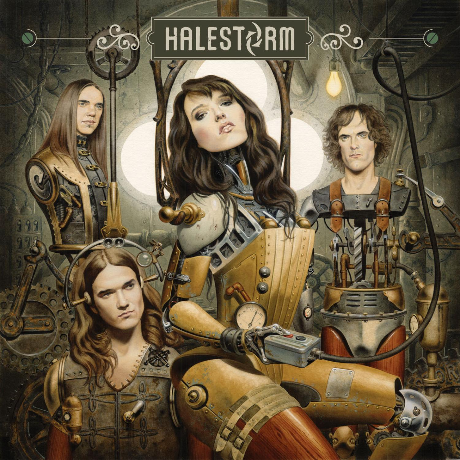 Halestorm-Albumcover. Vier Figuren im Steampunk-Stil mit Zahnrädern und einer Glühbirne.
