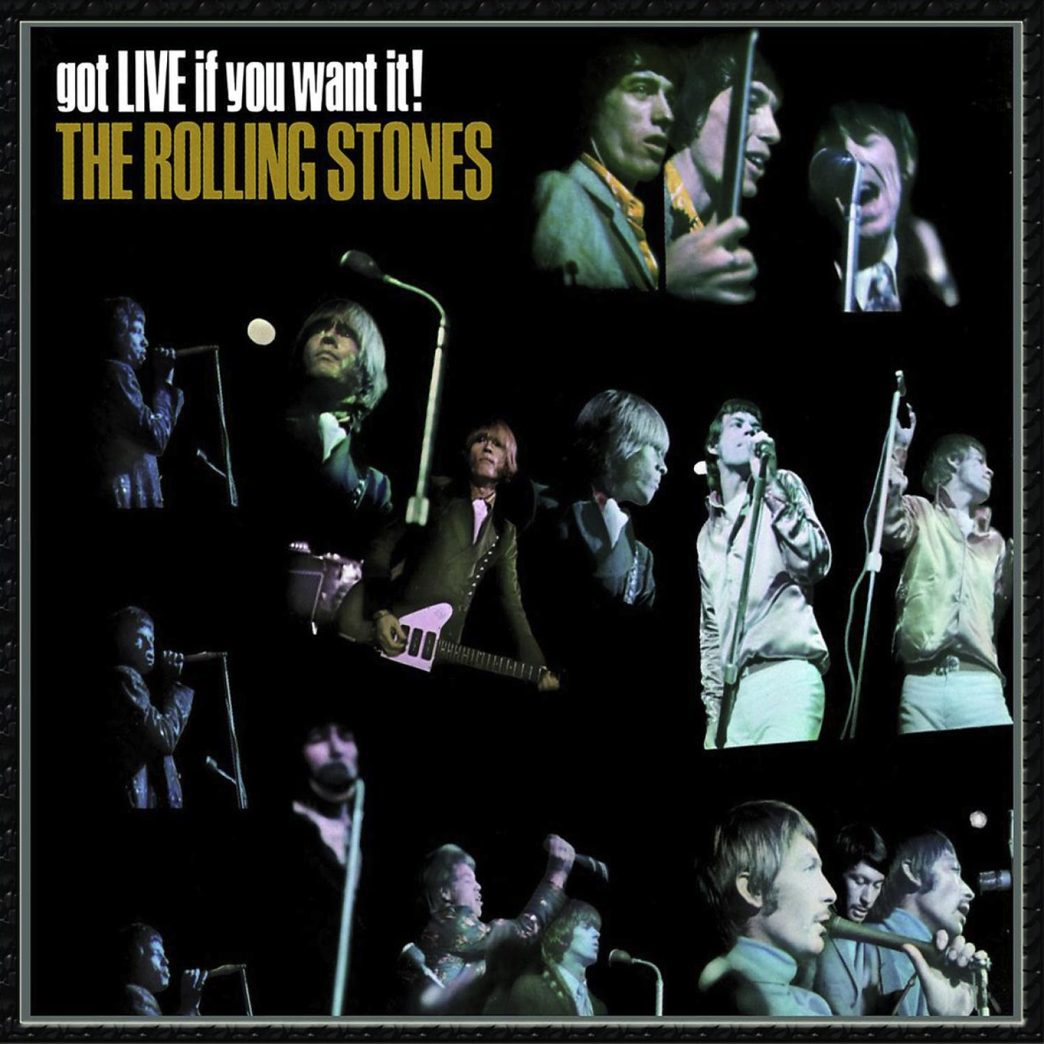 The Rolling Stones Live-Performance-Collage. Mehrere Schwarz-Weiß-Bilder der Band auf der Bühne.