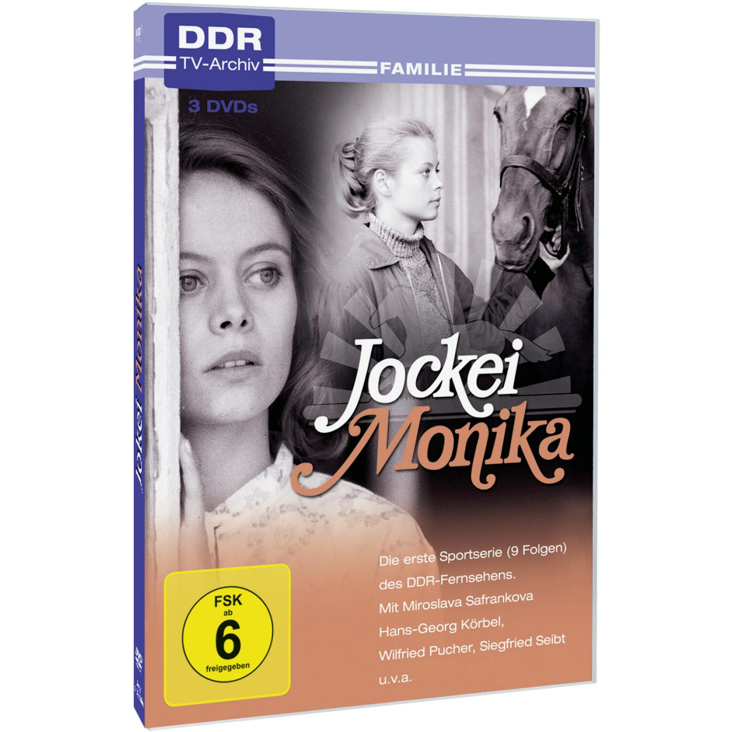 DVD-Cover: Eine Frau und ein Pferd, Filmtitel 'Jockey Monika' und Text.
