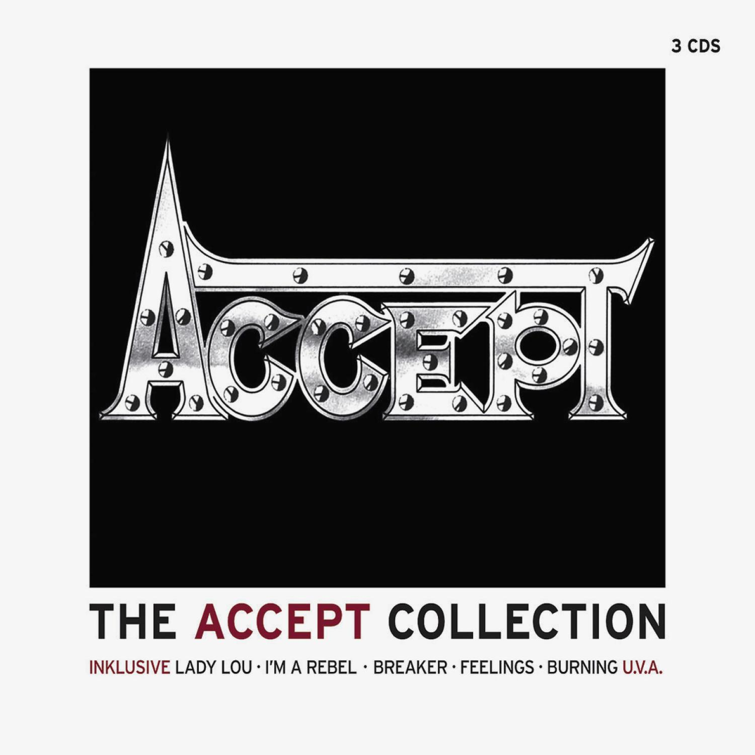CD-Cover: Weißes ACCEPT-Logo auf schwarzem Hintergrund mit Albumtitel und Titelliste.