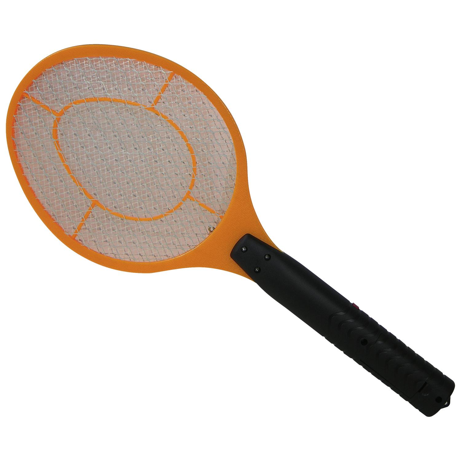 Ein orangefarbener elektrischer Fliegenfänger. Er hat einen schwarzen Griff und einen Netz-Kopf.