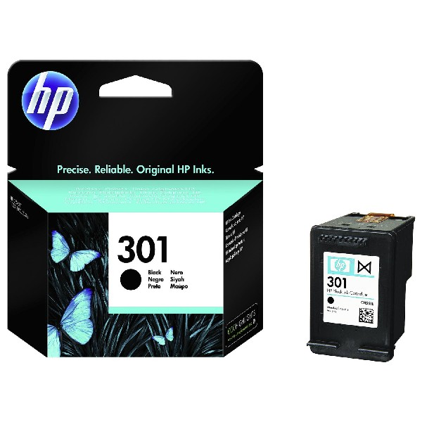 HP 301 Tintenpatronenbox und Tintenpatrone. Schwarze Box mit Schmetterlingen, schwarze Tintenpatrone.