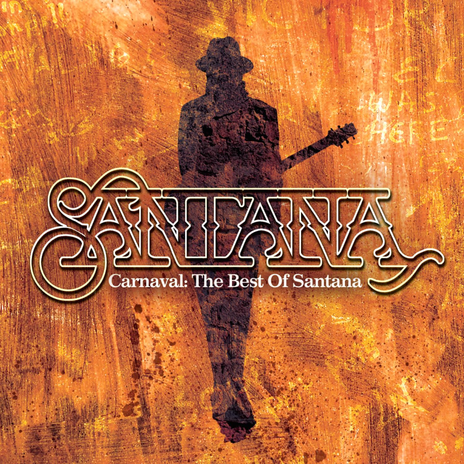 Albumcover von Santana. Silhouette eines Mannes, der Gitarre spielt, auf strukturiertem orangefarbenem Hintergrund.