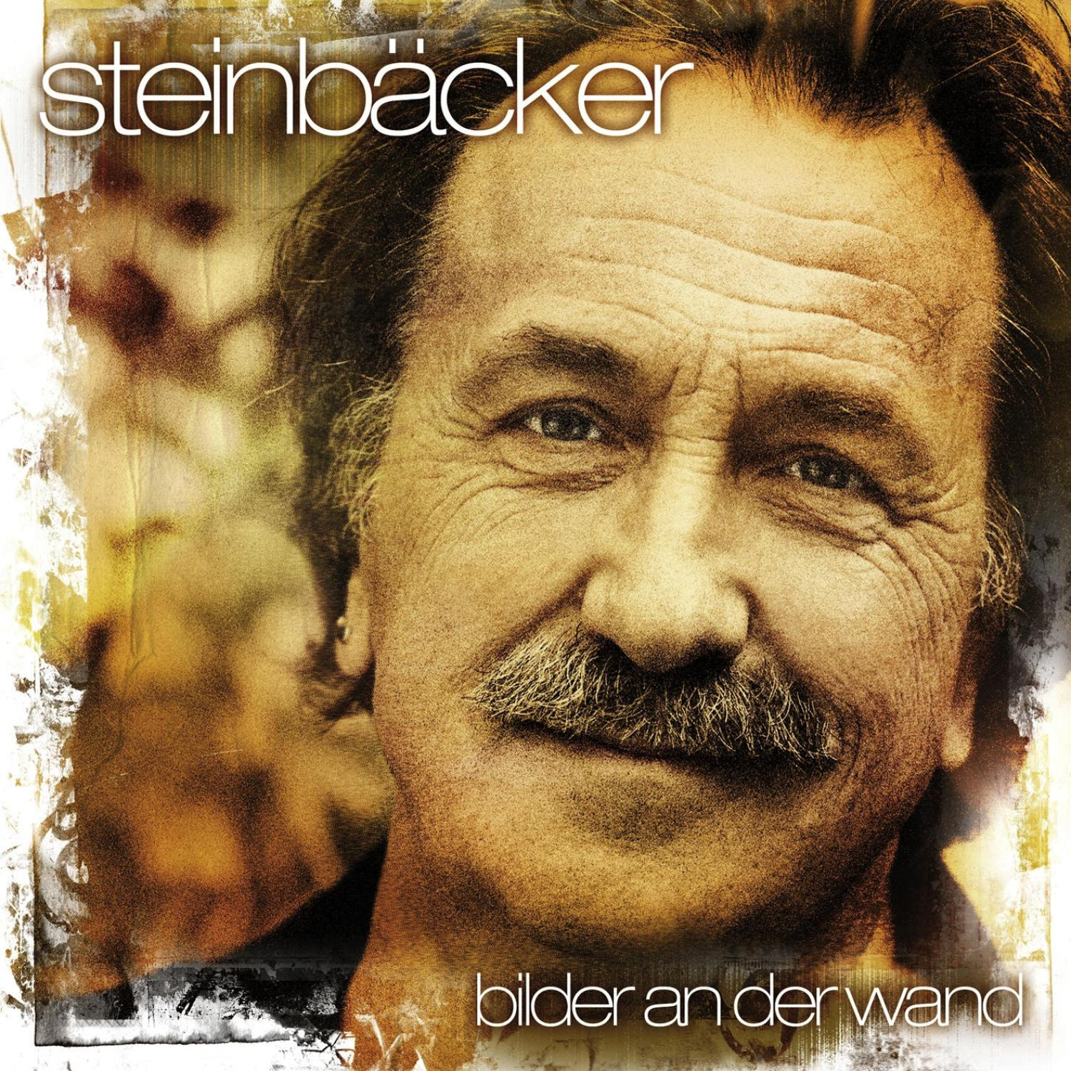 Albumcover eines Mannes mit Schnurrbart, betitelt 'steinbäcker' und 'bilder an der wand'.