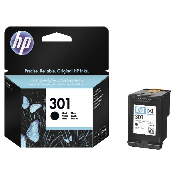 HP 301 Tintenpatrone schwarz und Verpackung, mit Schmetterlingen auf der Box.