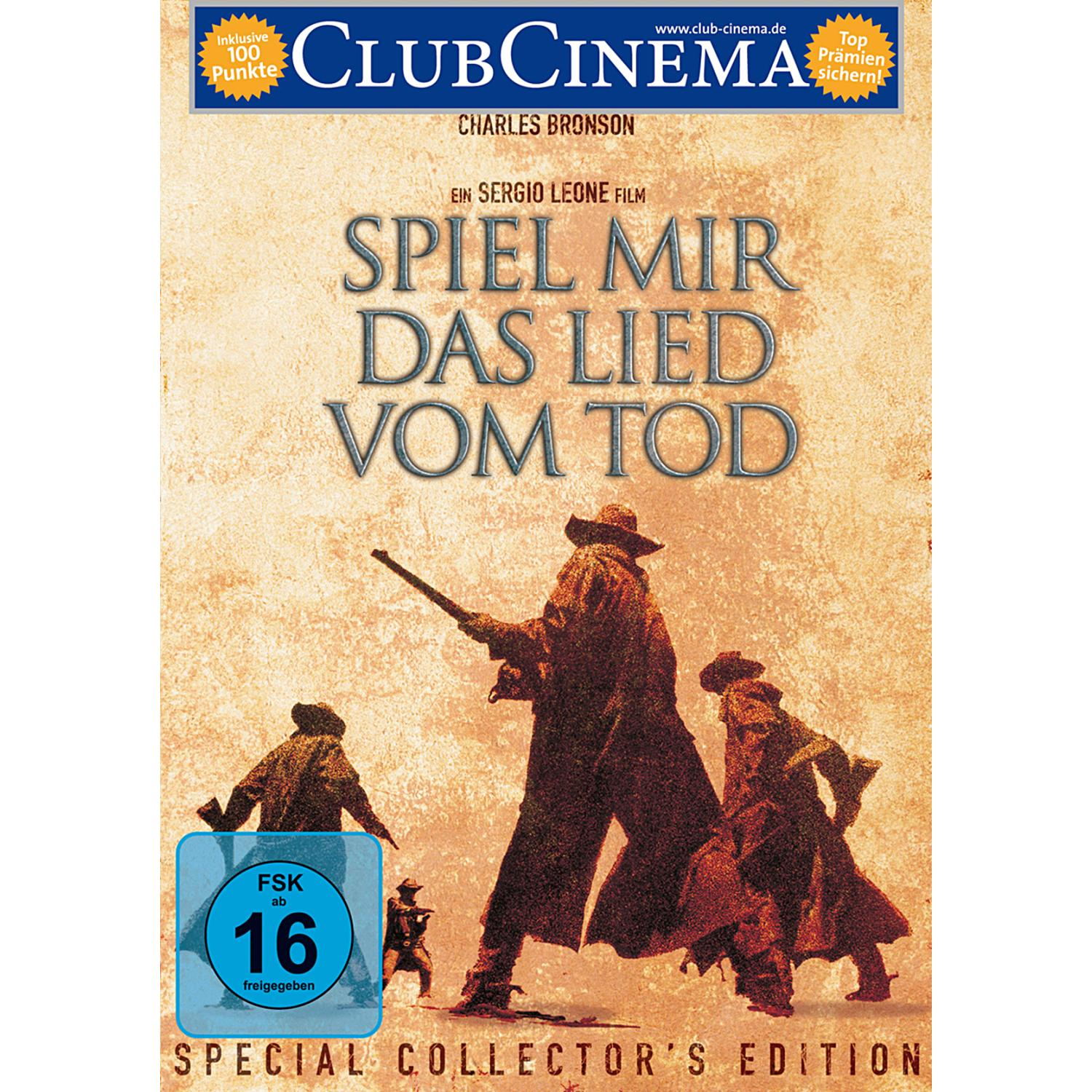 Filmcover: 'Spiel mir das Lied vom Tod'. Drei Figuren in einer Wüstenlandschaft. Text auf Deutsch.
