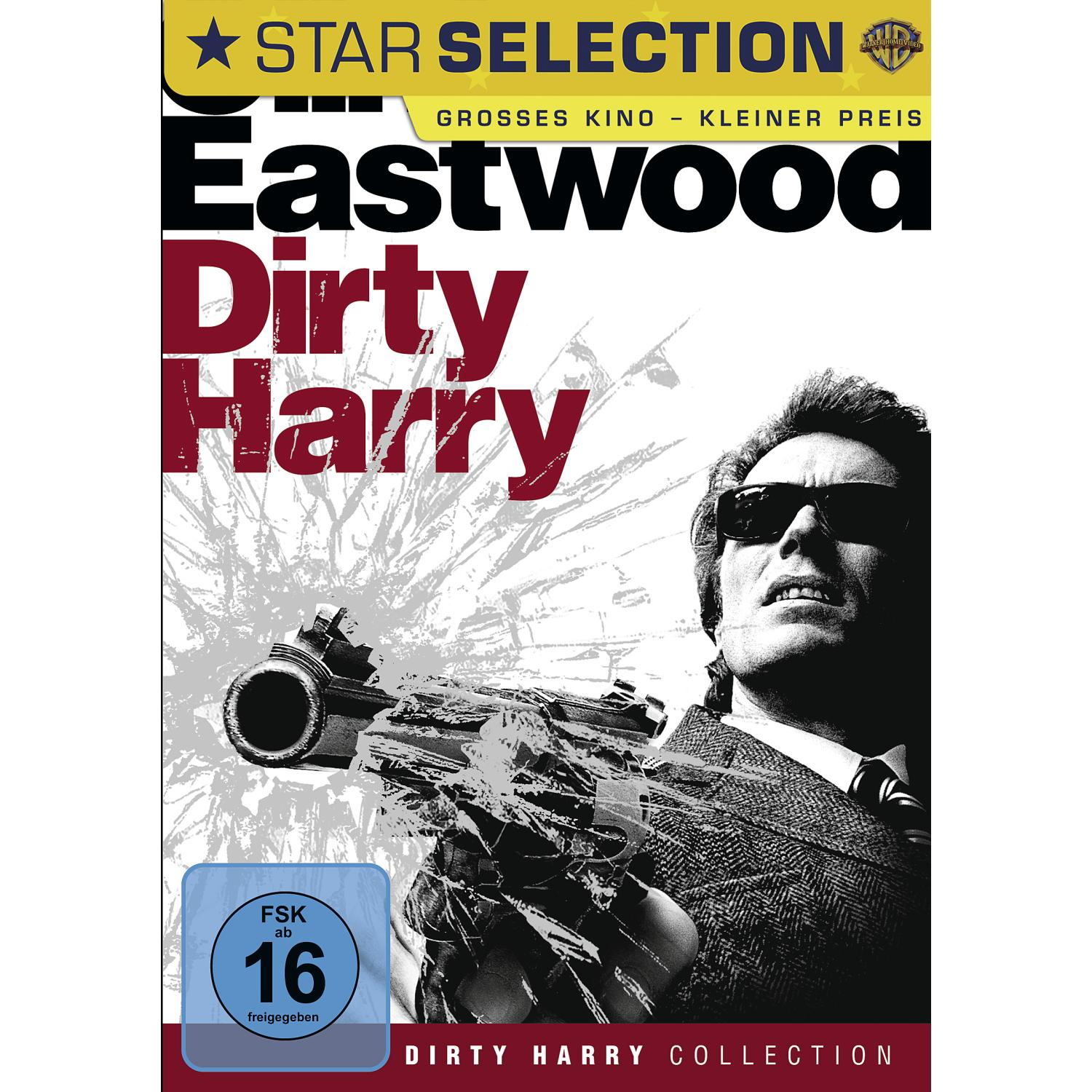 Dirty Harry DVD-Cover mit Clint Eastwood, der eine Waffe hält, Glassplittereffekt.