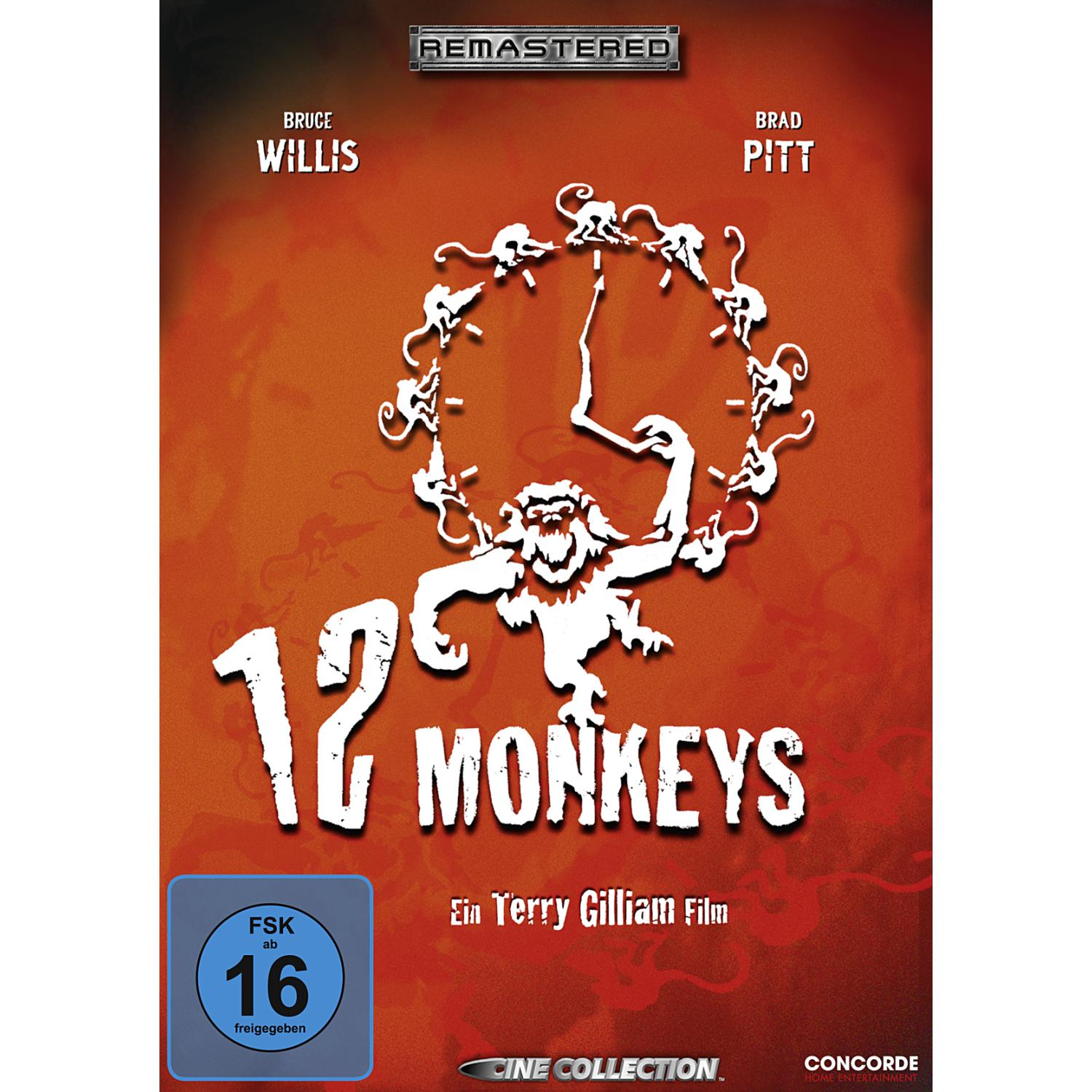 12 Monkeys Filmcover, Affen im Kreis, Text, Schauspieler.