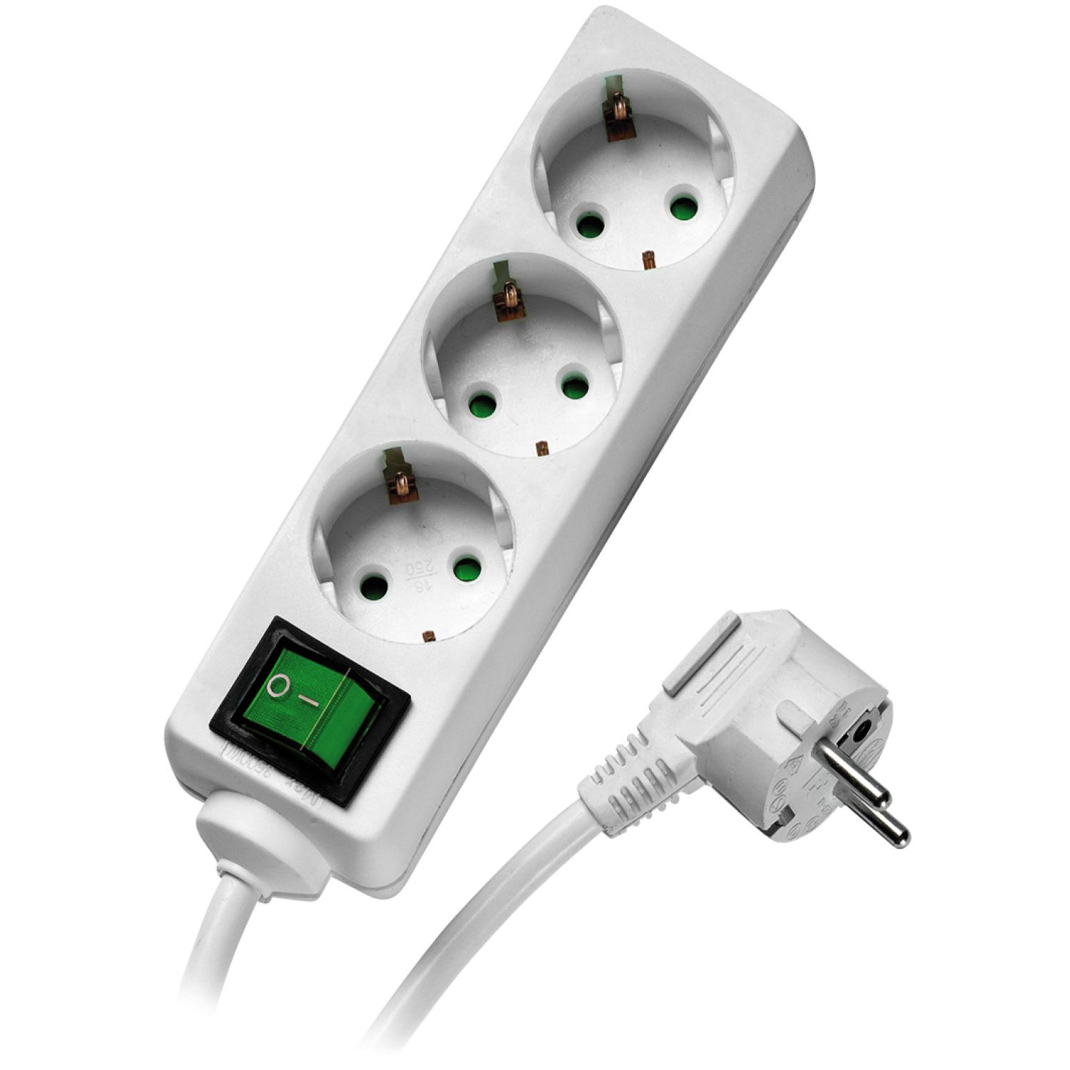 Weiße Steckdosenleiste mit drei Steckdosen und Stecker.