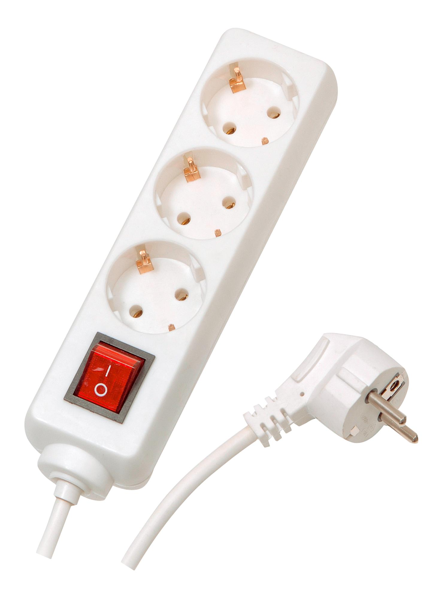 Weiße Steckdosenleiste mit drei Steckdosen und einem roten Schalter, weißer Stecker.