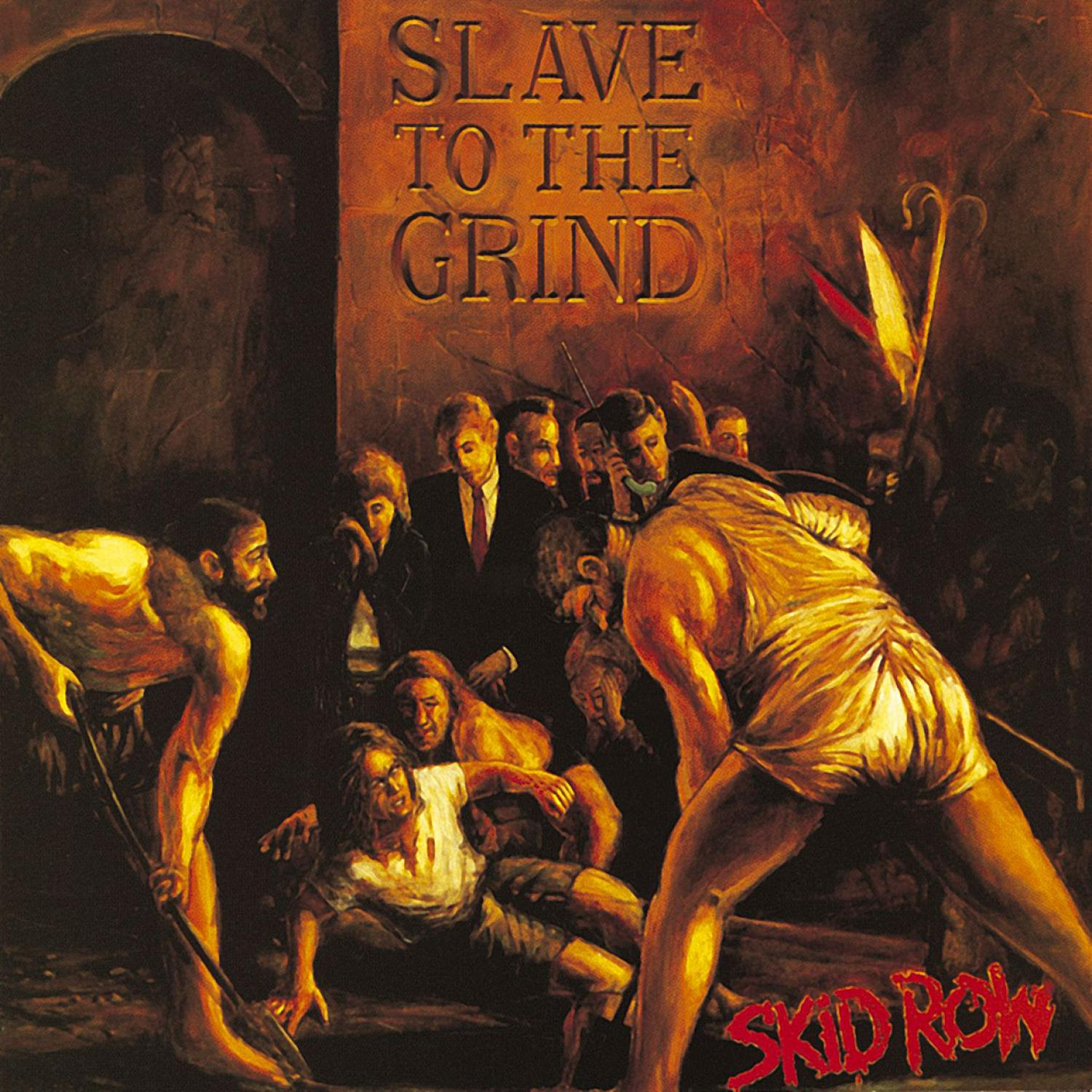 Albumcover: Gruppe von Menschen kämpft, mit großem Titel "Slave To The Grind".