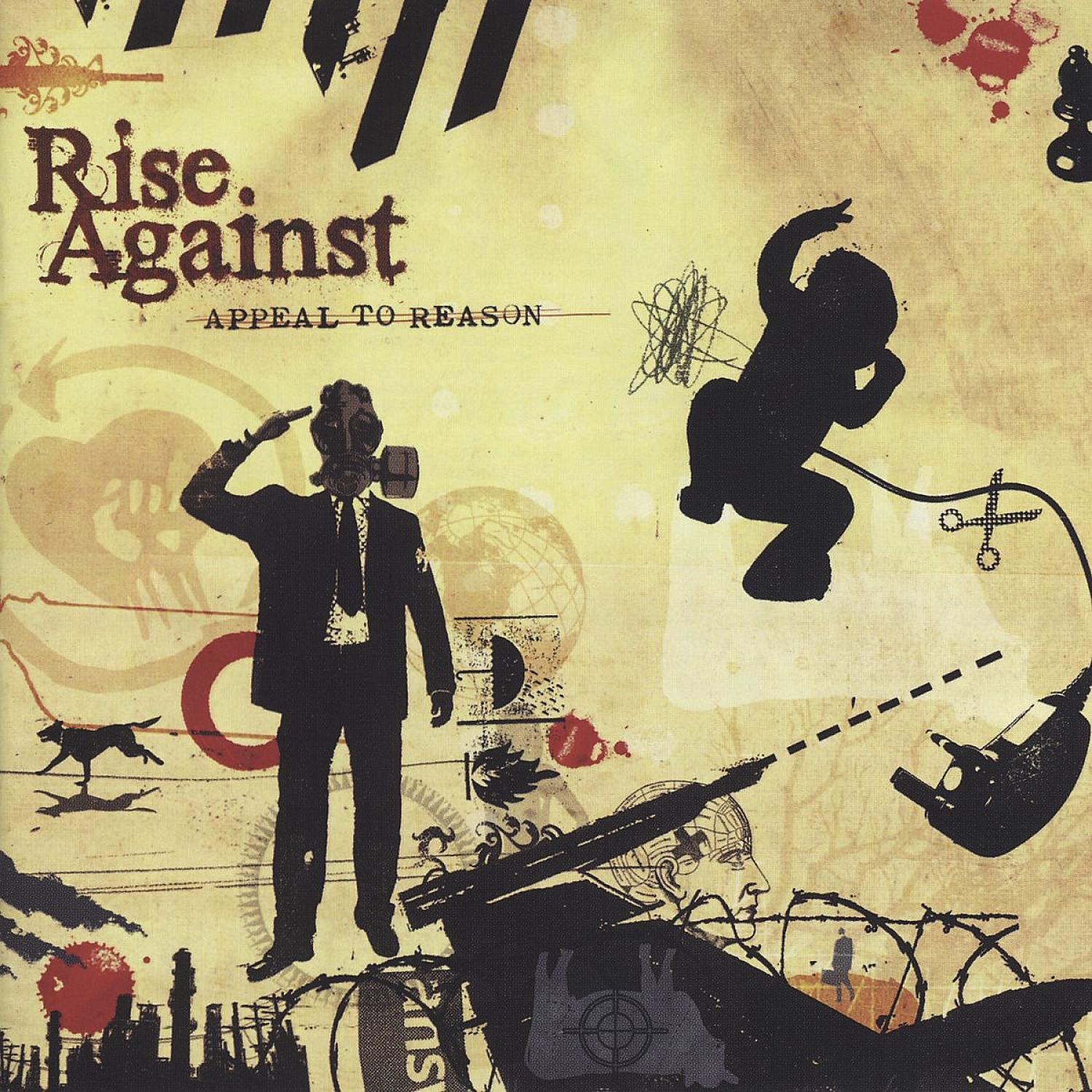 Albumcover für 'Appeal To Reason' von Rise Against, mit stilisierten Figuren und Bildern.
