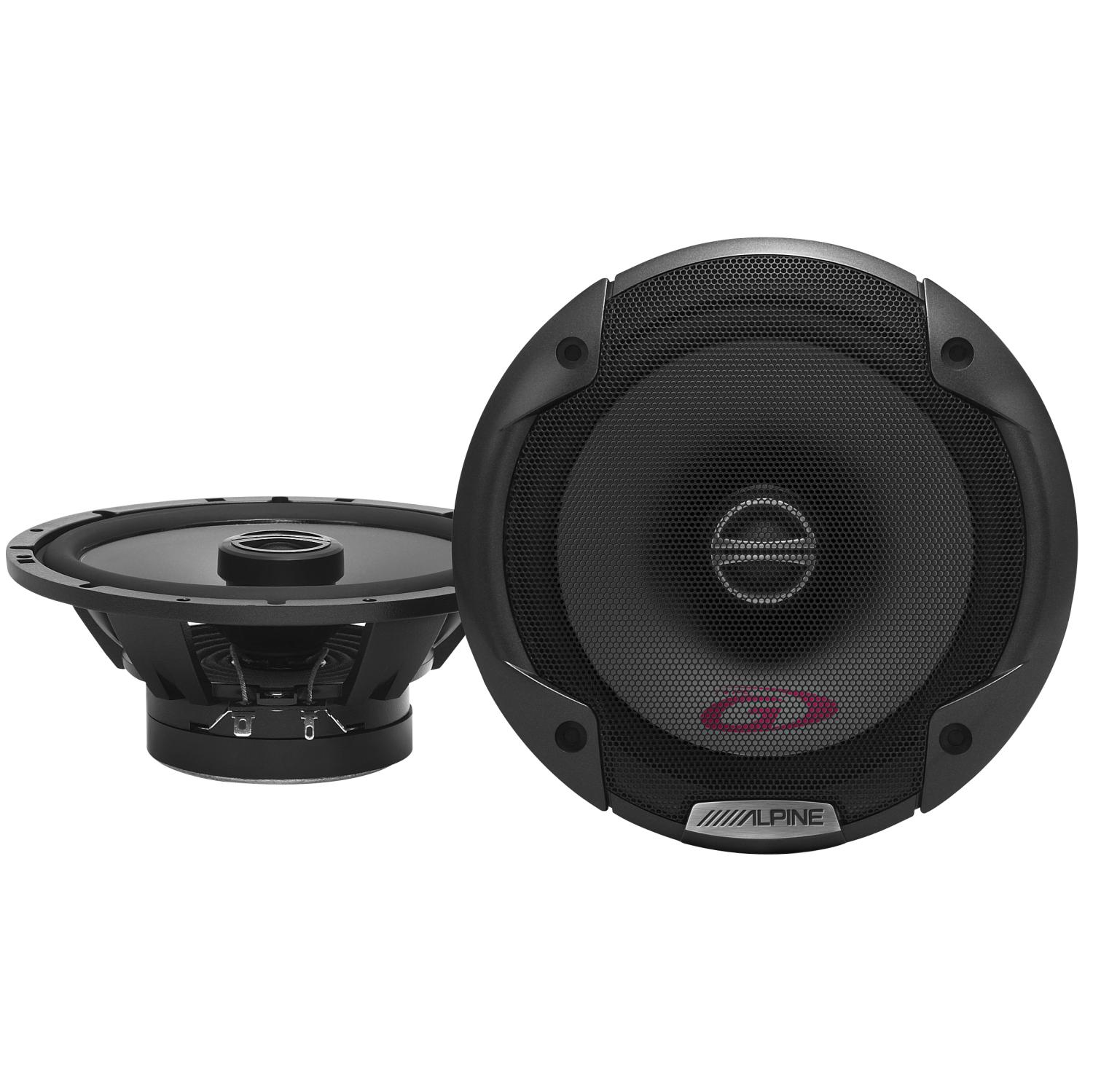 Zwei schwarze Lautsprecher. Einer liegt auf der Seite. Schwarzes Gitter und rotes Logo in der Mitte.