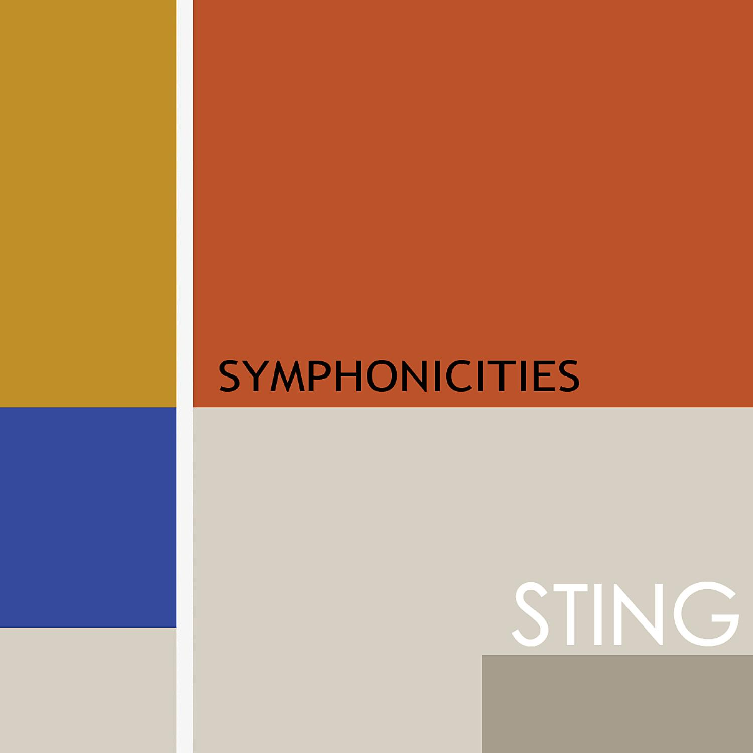 CD-Cover mit orangefarbenen, gelben, blauen und beigefarbenen Blöcken. Text 'SYMPHONICITIES' und 'STING'.