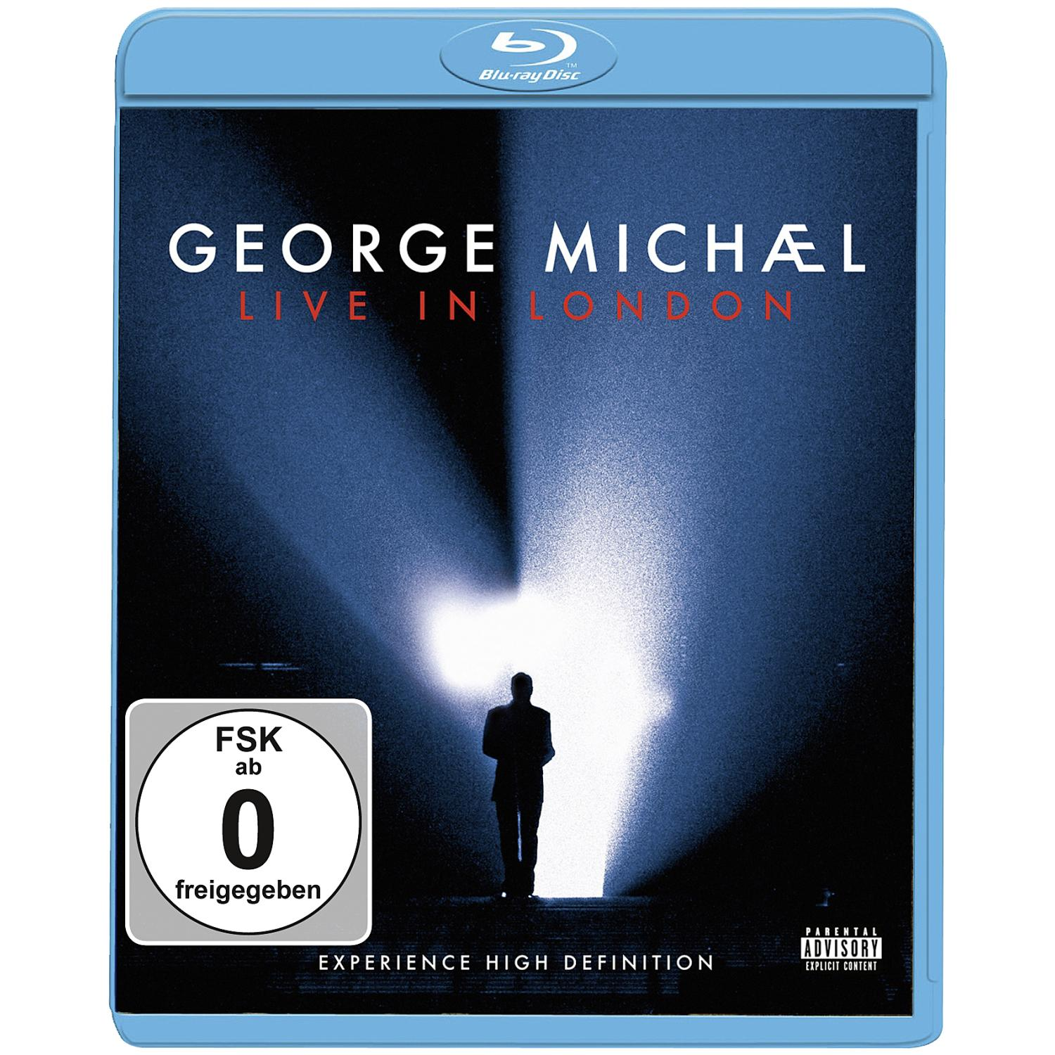 George Michael Live in London Blu-ray Cover. Silhouette eines Mannes. Blauer Hintergrund.