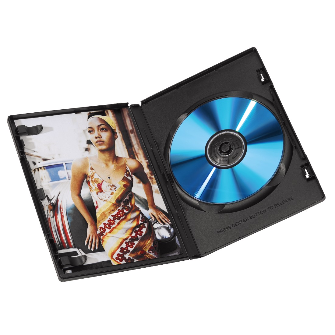 DVD case opened, a woman in a dress and a blue disc inside.