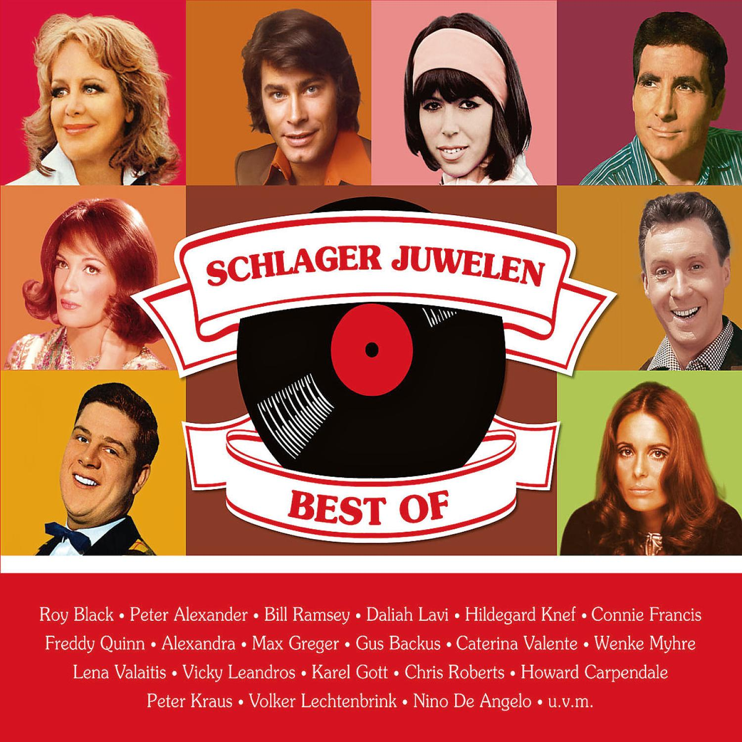 Albumcover mit Gesichtern verschiedener Sänger. Text: BEST OF SCHLAGER JUWELEN.