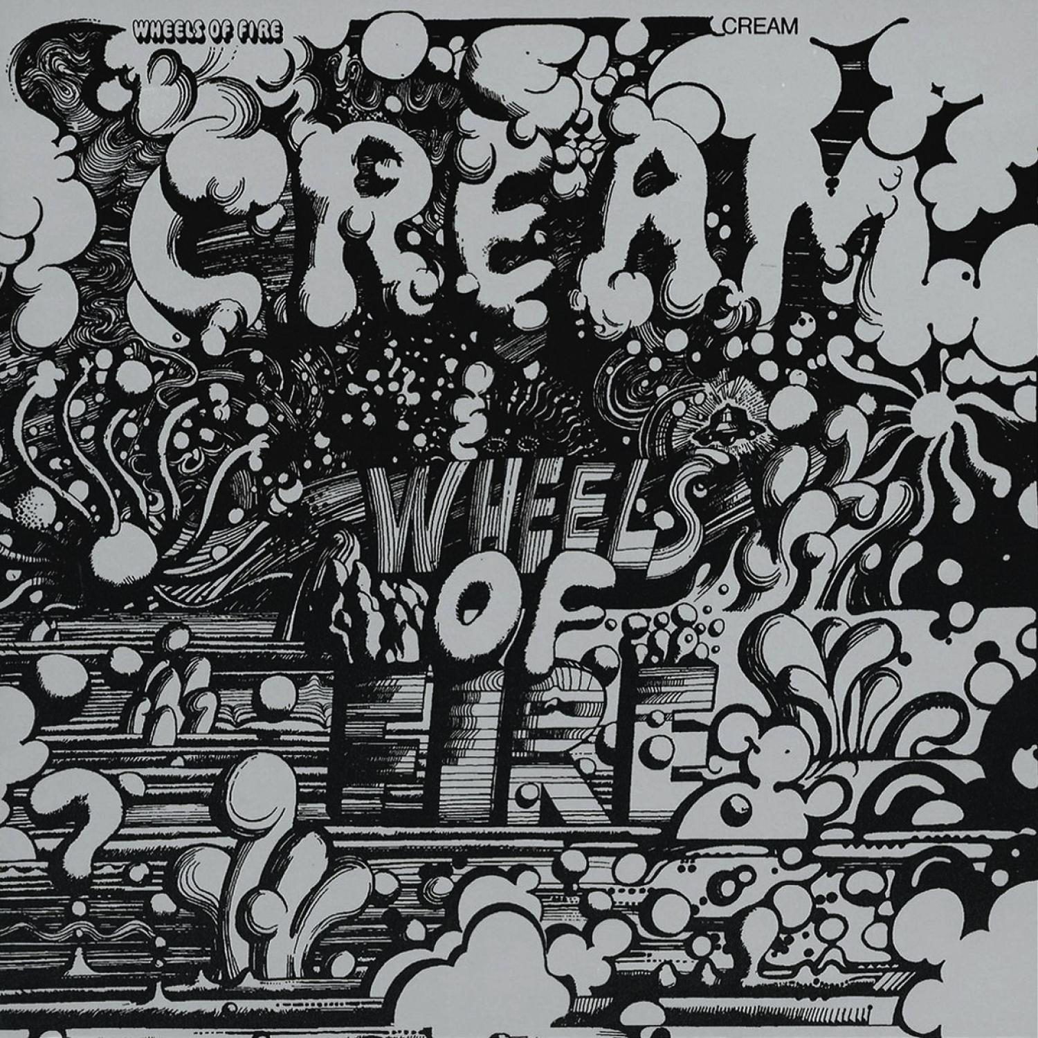 Albumcover mit schwarz-weißer abstrakter Kunst und den Wörtern "CREAM" und "WHEELS OF FIRE".