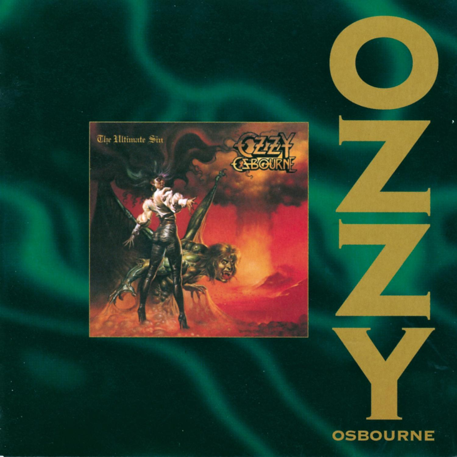 Ozzy Osbourne Albumcover, eine Frau in Leder und ein Monsterbild.
