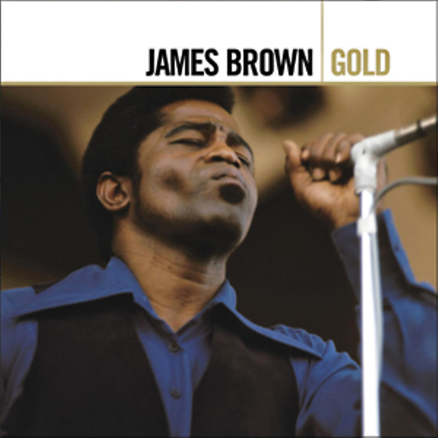 James Brown-Albumcover. Gesicht von James Brown, trägt ein blaues Hemd, goldener Text 'GOLD'.