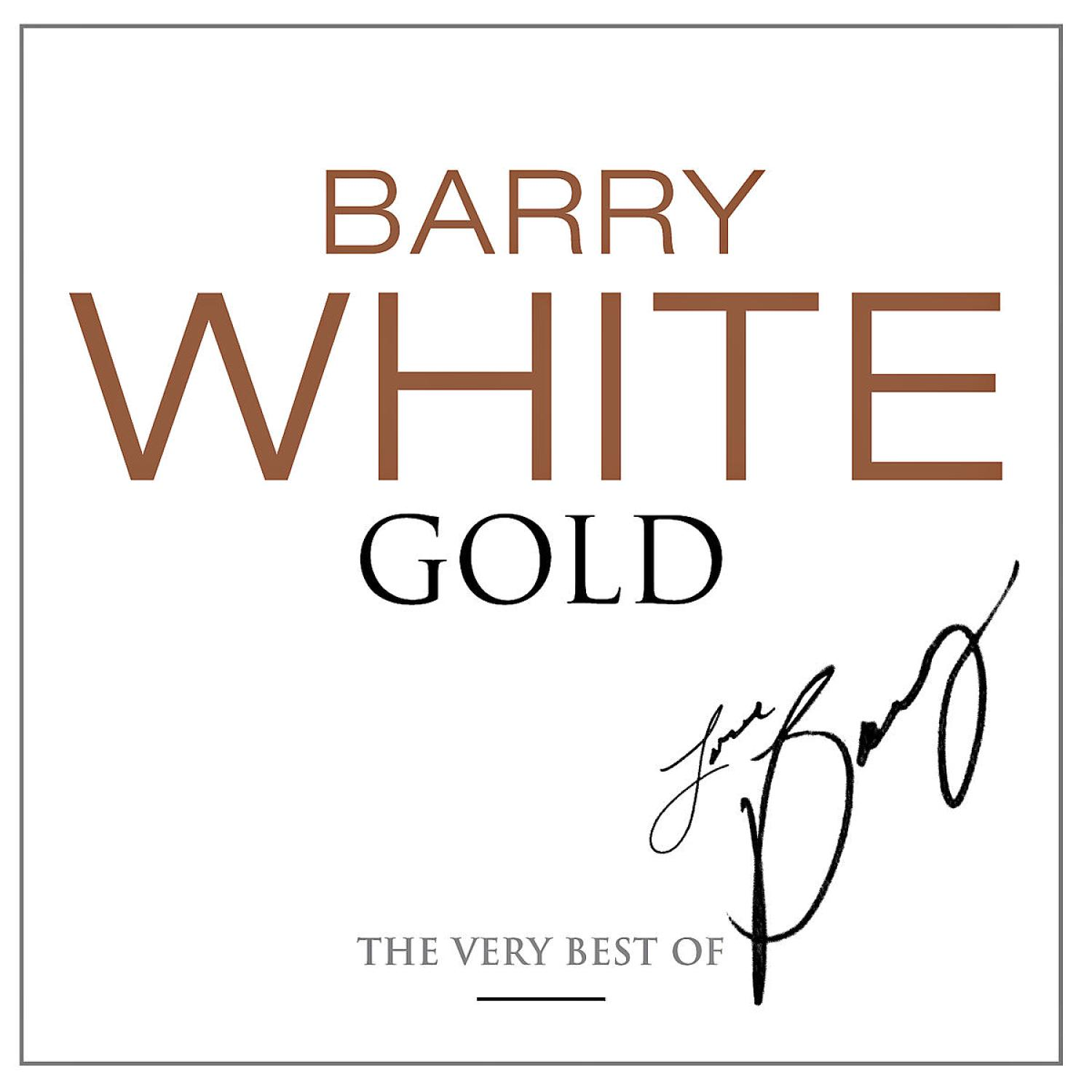 Albumcover, Barry White Titel, goldener Text, Unterschrift und Text 'The Very Best Of'.