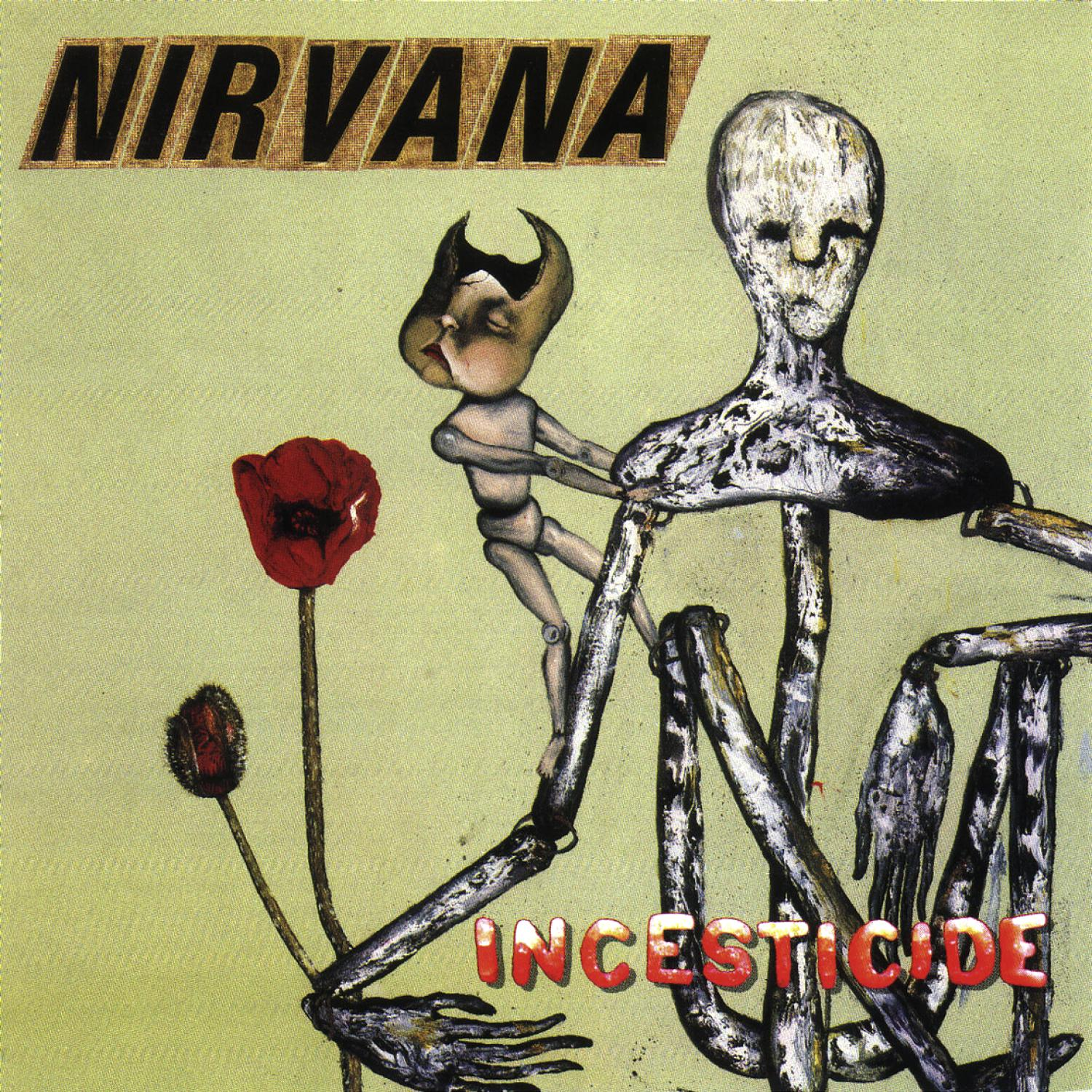 Albumcover: abstrakte Figuren, rote Mohnblume und Text 'Nirvana Incesticide'.