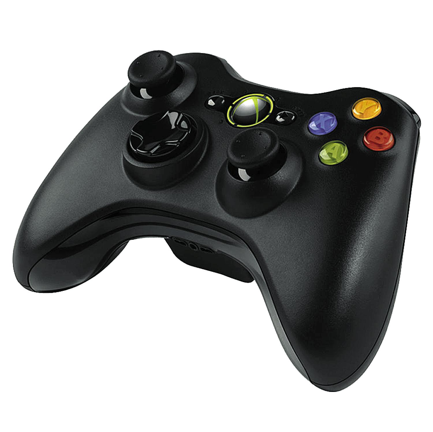 Schwarzer Xbox 360 Controller mit zwei Joysticks, Steuerkreuz und Aktionstasten.