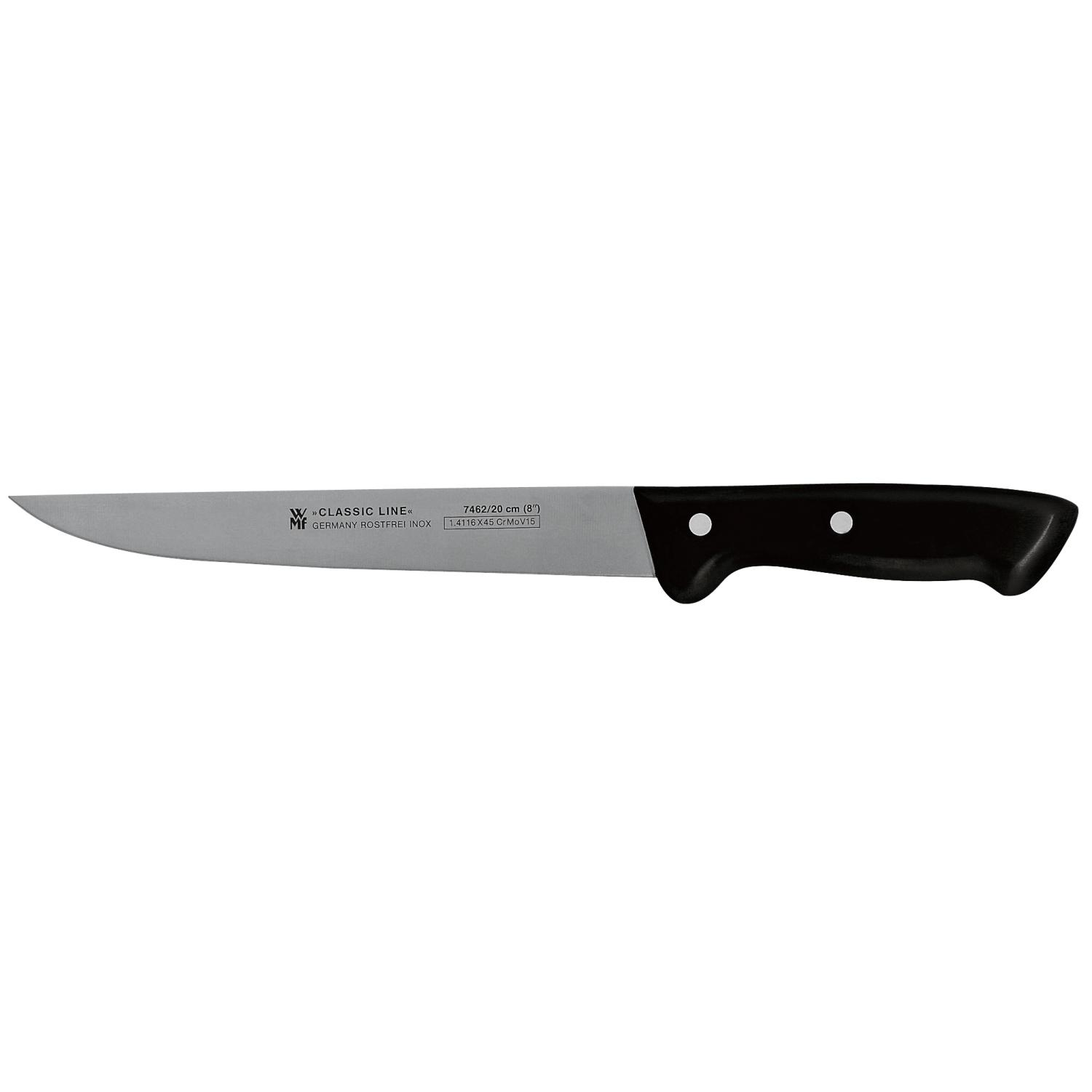 Silbernes und schwarzes Küchenmesser mit schwarzem Griff, auf weißem Grund.