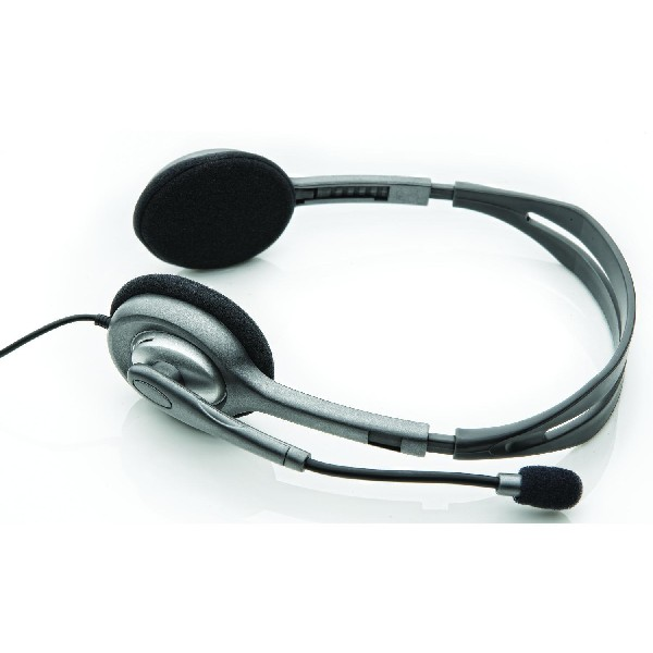 Gray headset with black ear pads and a microphone. White background.