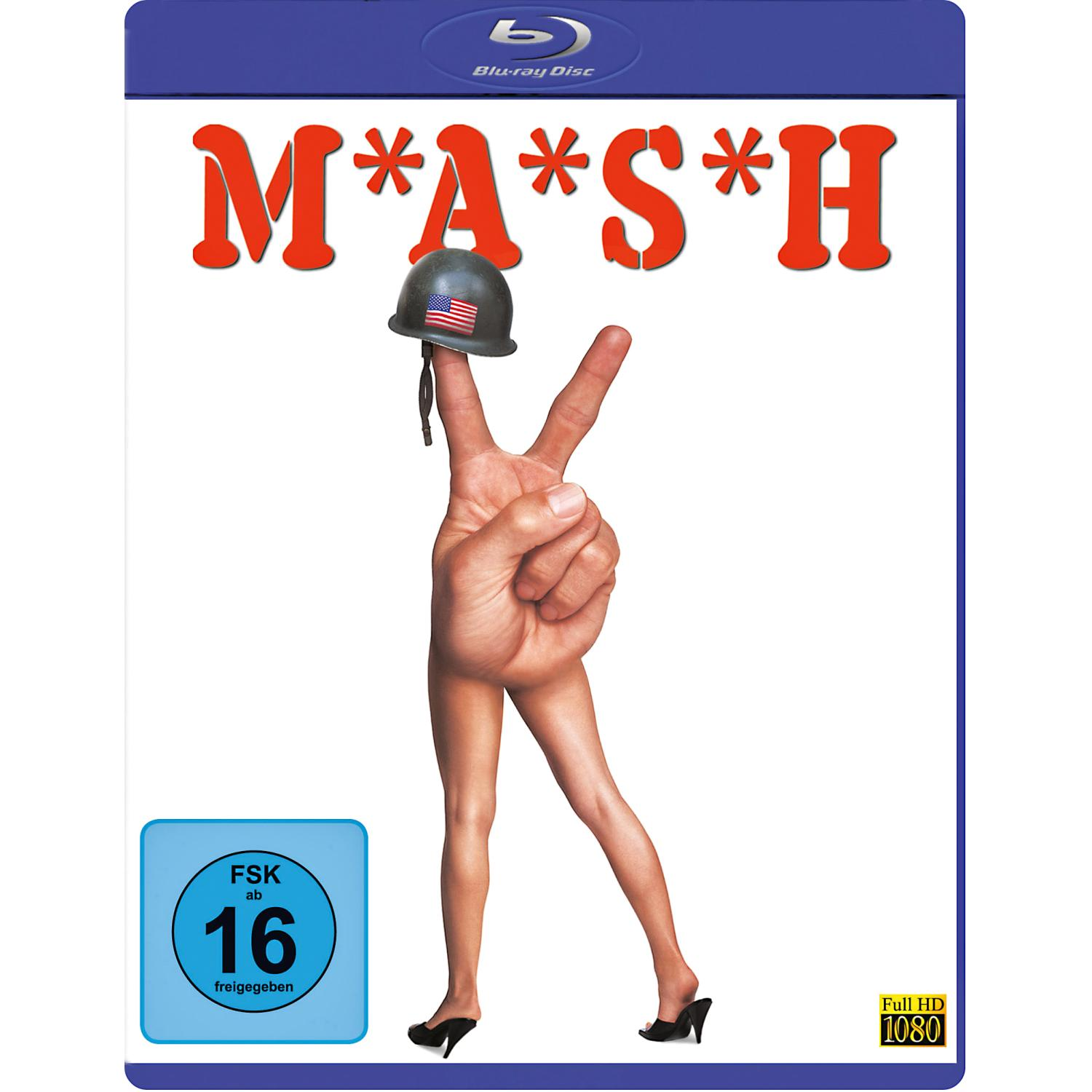M*A*S*H Blu-ray-Cover. Eine Hand mit Peace-Zeichen-Beinen, die einen Helm hält.