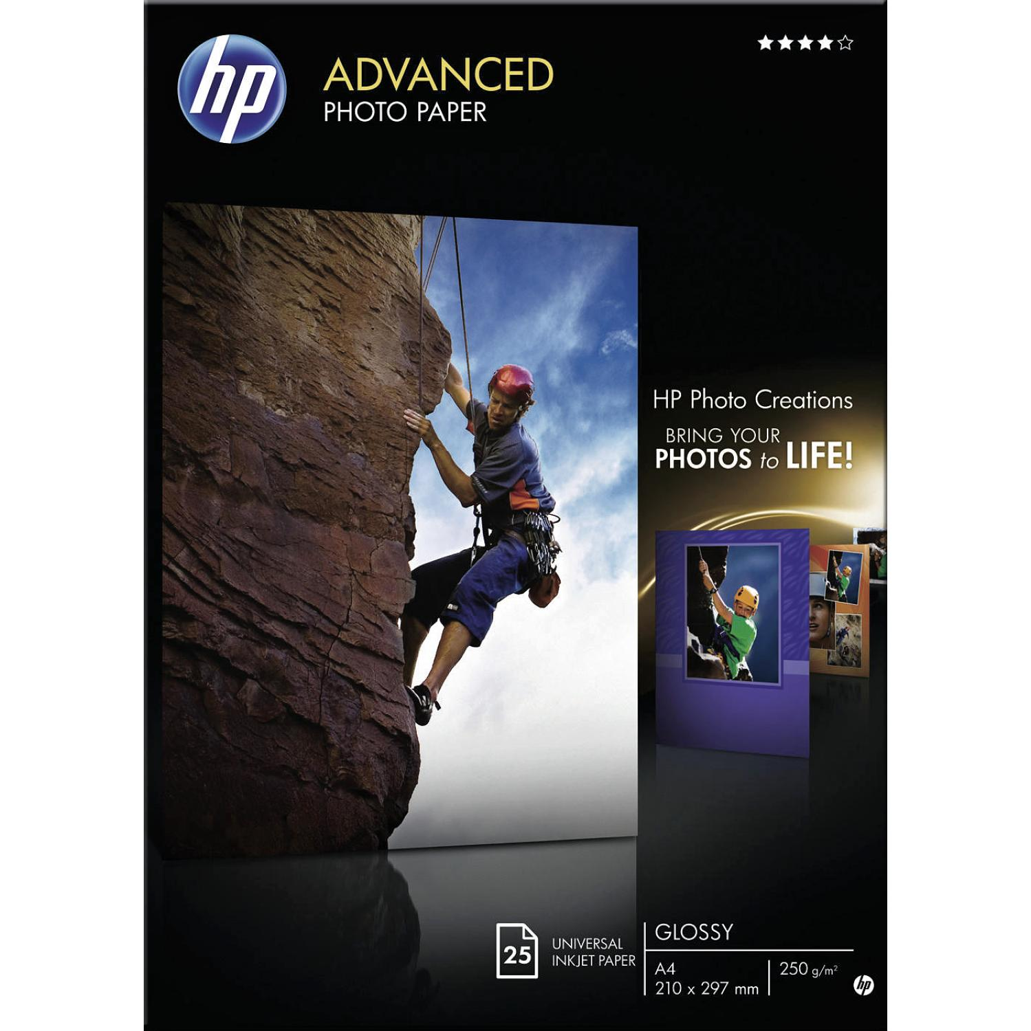 Un hombre escalando una pared de roca. La imagen está en una caja de papel fotográfico HP Advanced. También, otras fotos.