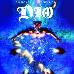 Dio Diamonds the Best of Albumcover. Eine Dämonenfigur und blauer Hintergrund.