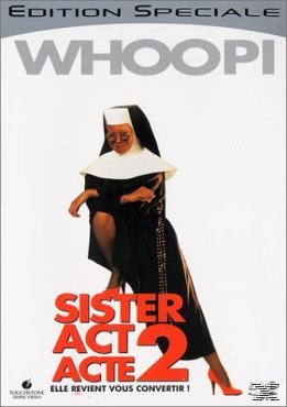 Filmplakat für Sister Act 2 mit Whoopi Goldberg in Nonnentracht und roten Schuhen.