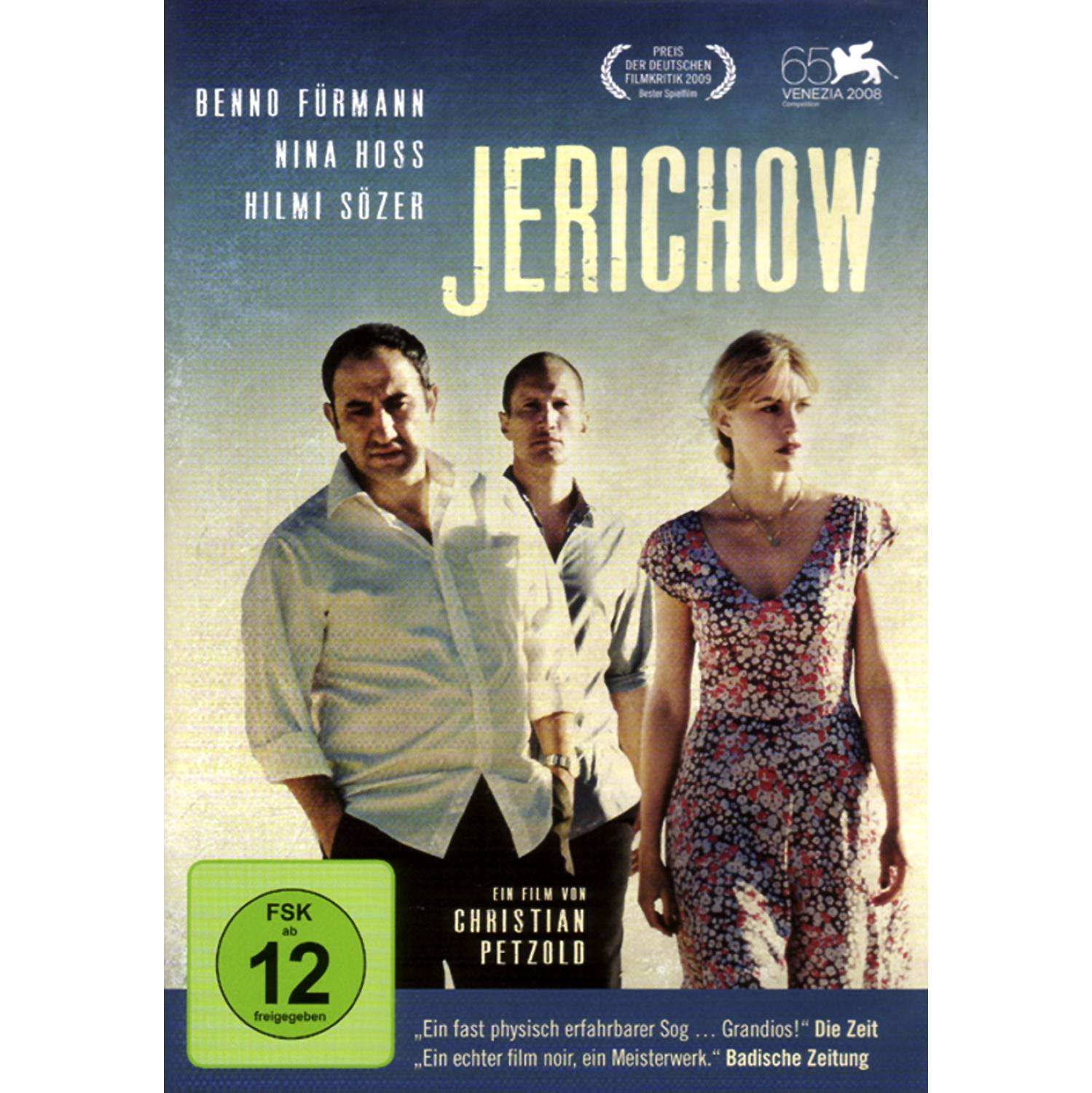 DVD-Cover des Films 'Jerichow'. Drei Personen stehen vor einem hellblauen Hintergrund.